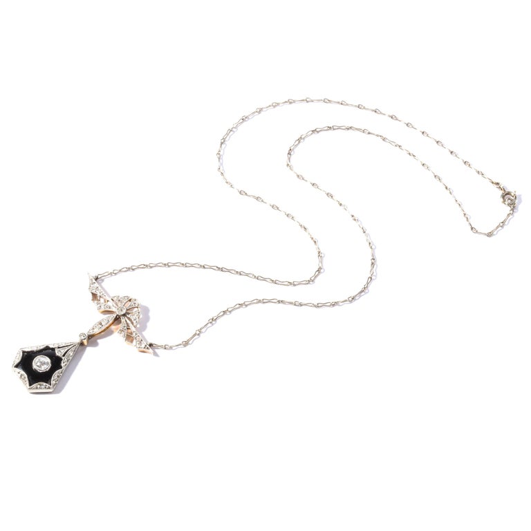 Art Deco Filigreed Platinum, Gold and Diamond Onyx Pendant on Platinum ...