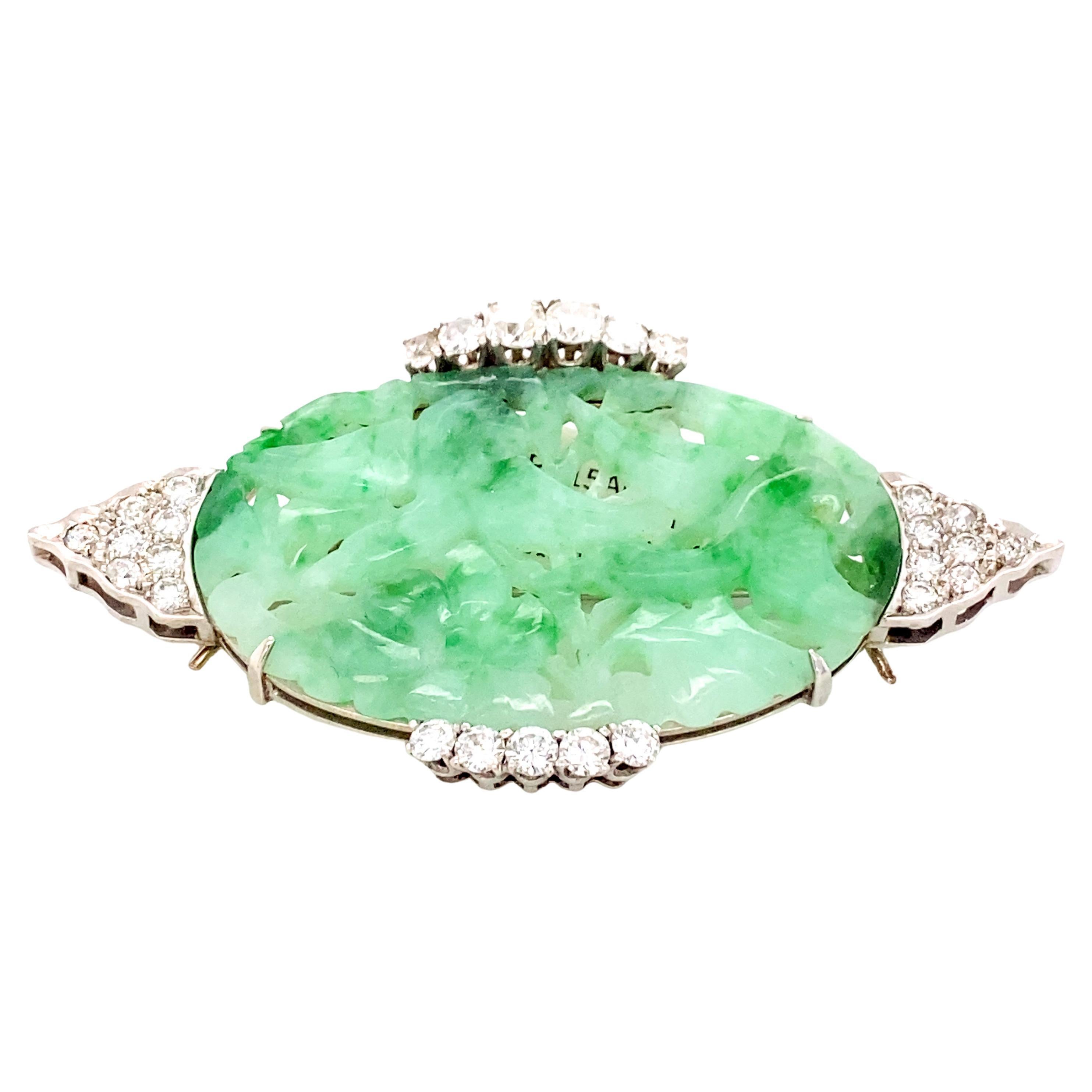Art Deco Carved Jade Diamond Gold Platinum Pin Brooch For Sale at