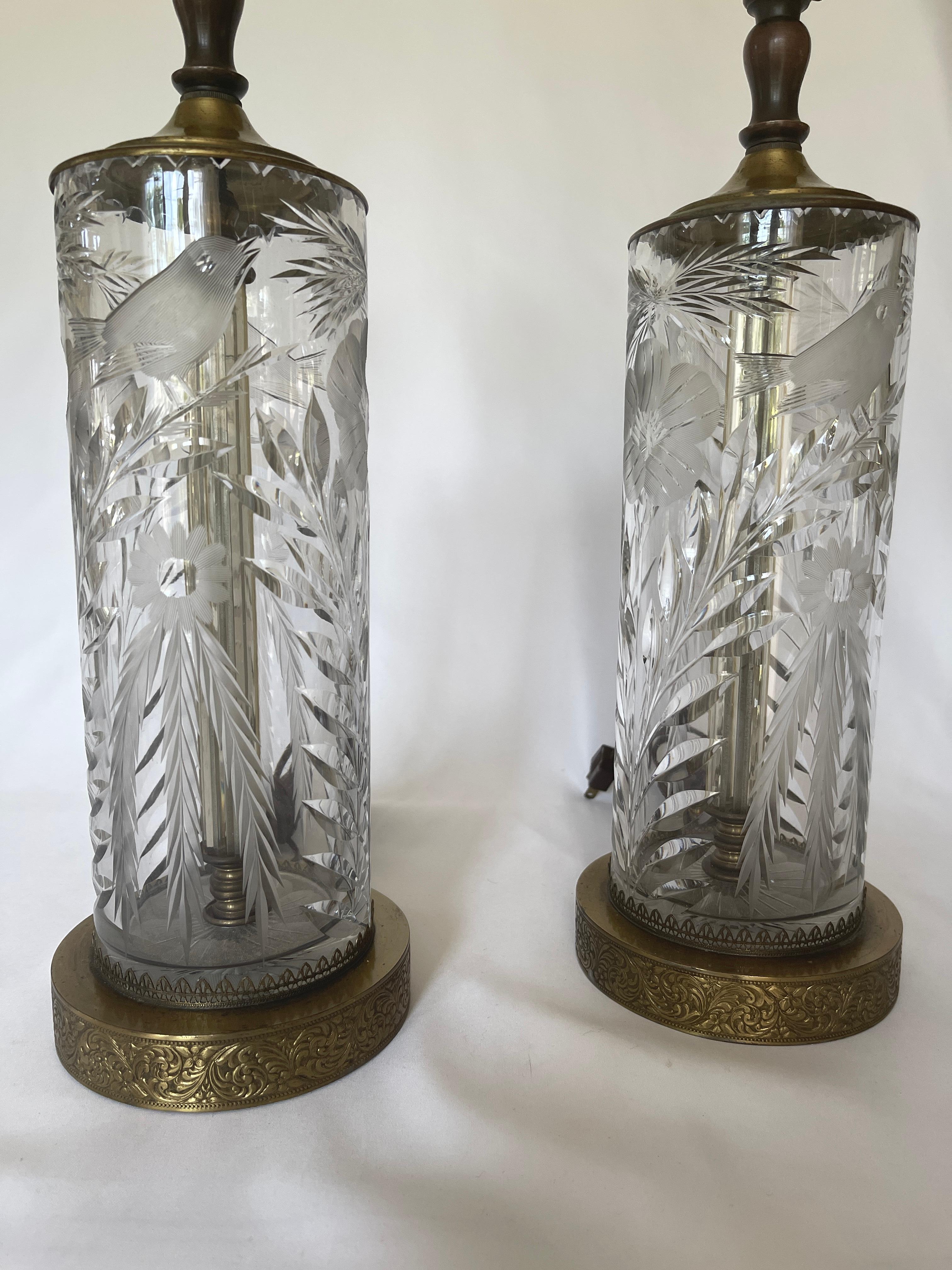 Art Deco Fine Cut Crystal & Brass Cylinder Lamps For Sale 9