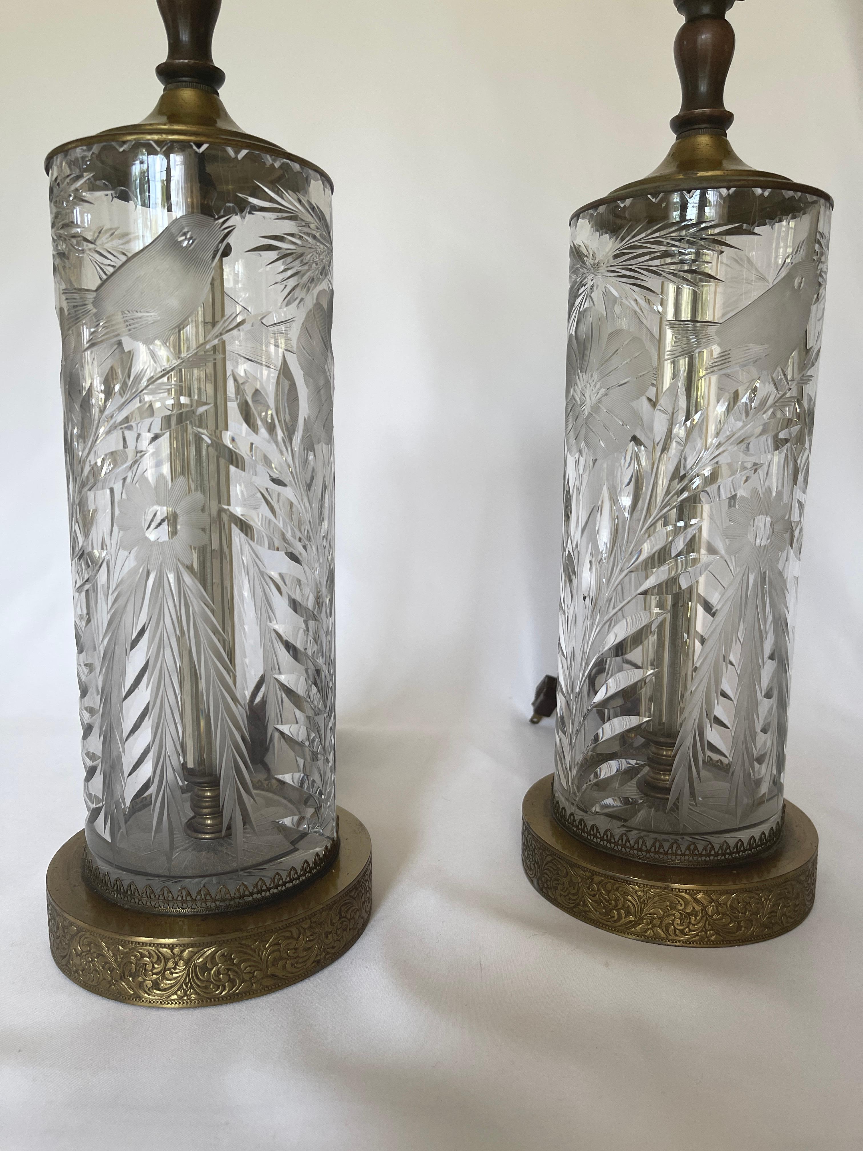 Art Deco Fine Cut Crystal & Brass Cylinder Lamps For Sale 8