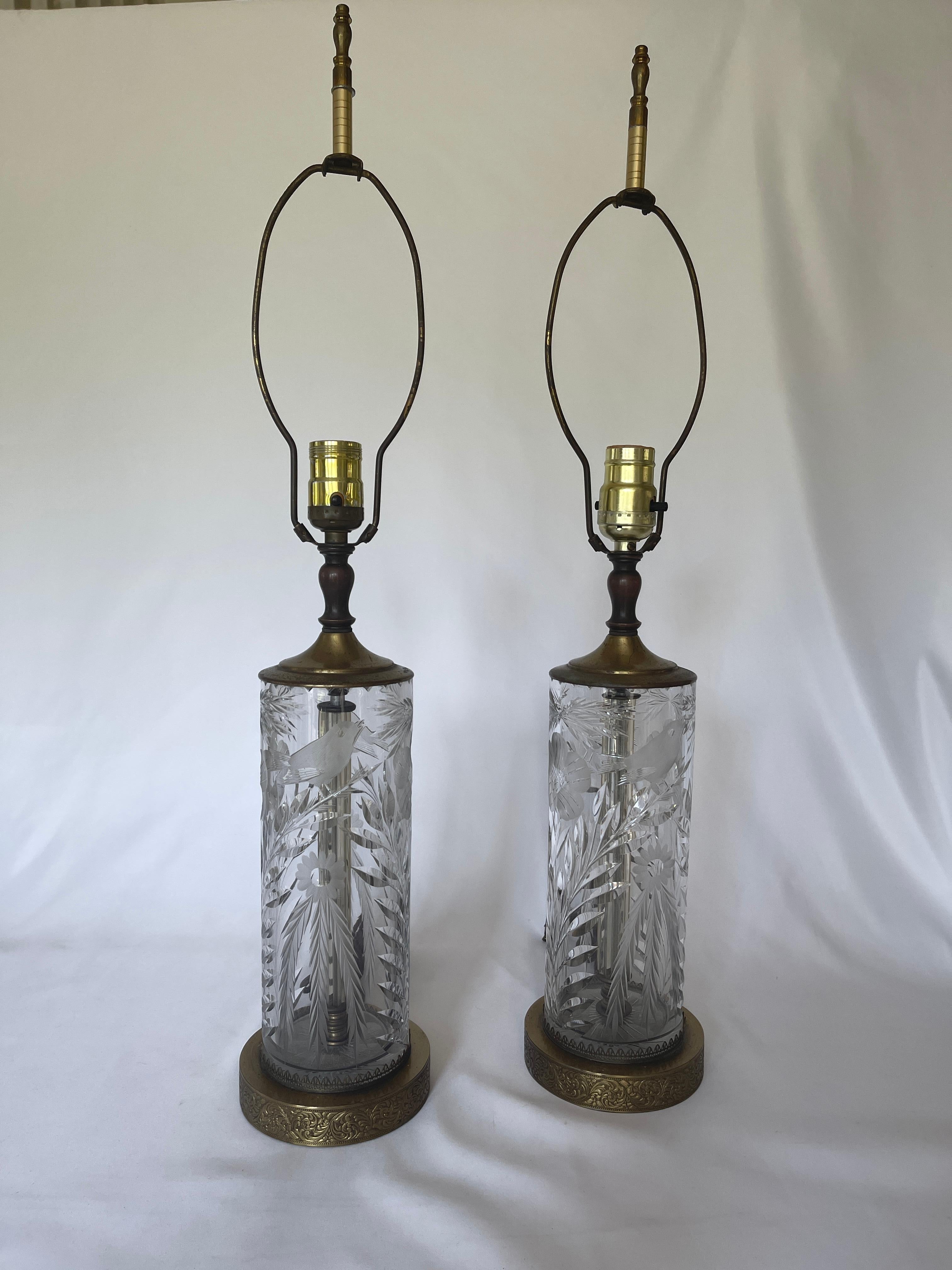 Art Deco Fine Cut Crystal & Brass Cylinder Lamps For Sale 9