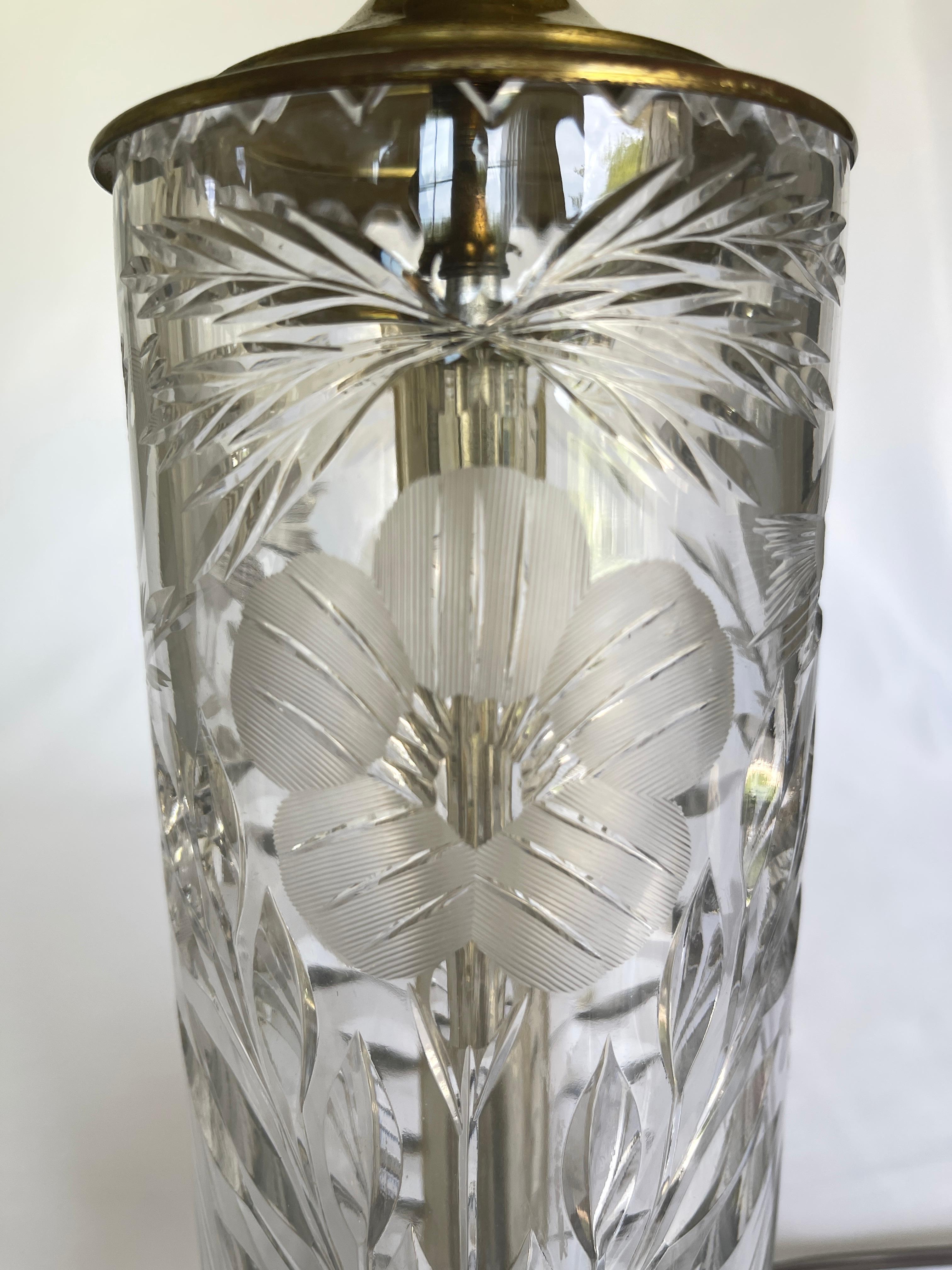 American Art Deco Fine Cut Crystal & Brass Cylinder Lamps For Sale