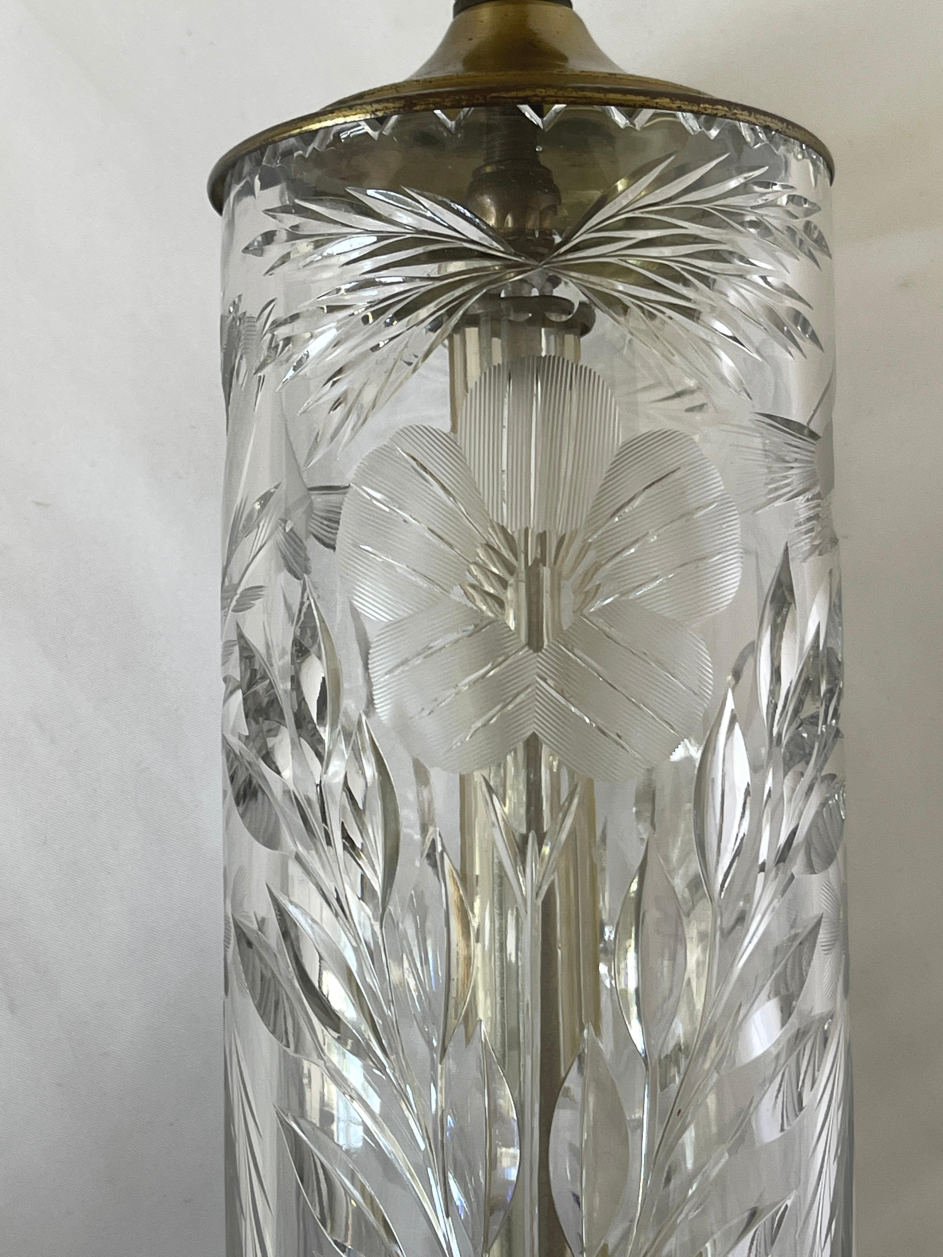 Art Deco Fine Cut Crystal & Brass Cylinder Lamps For Sale 4