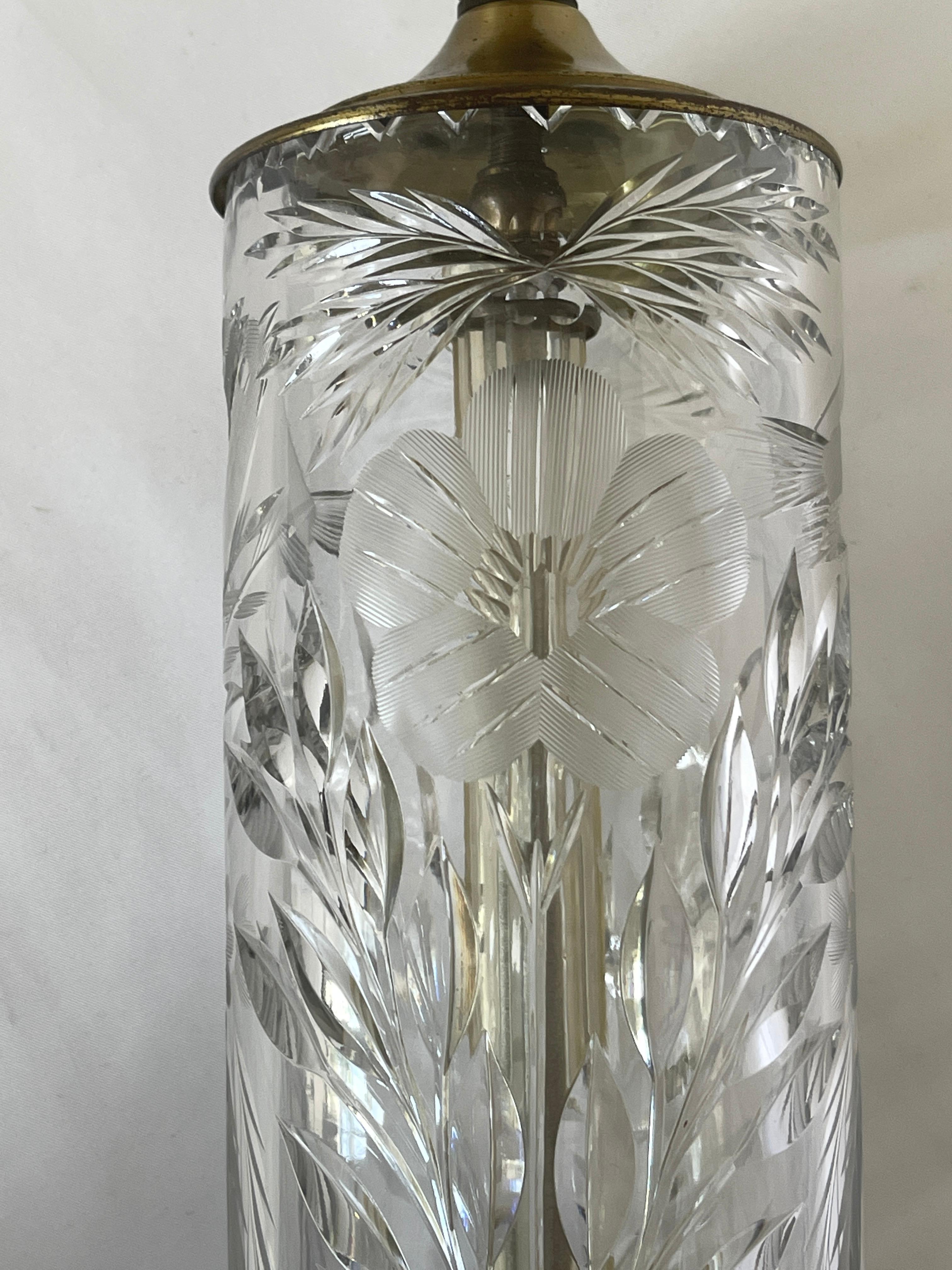 Art Deco Fine Cut Crystal & Brass Cylinder Lamps For Sale 3
