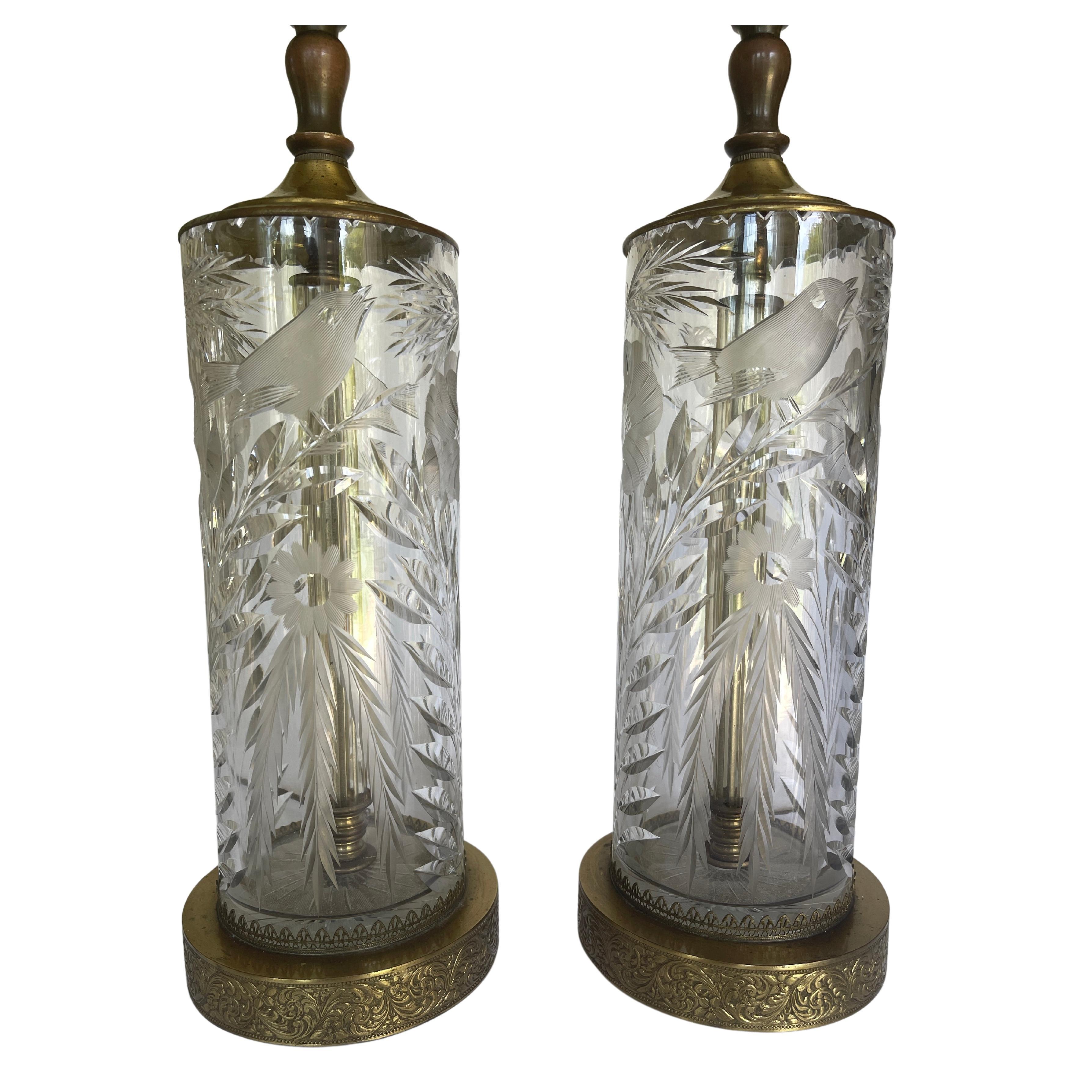 Art Deco Fine Cut Crystal & Brass Cylinder Lamps For Sale