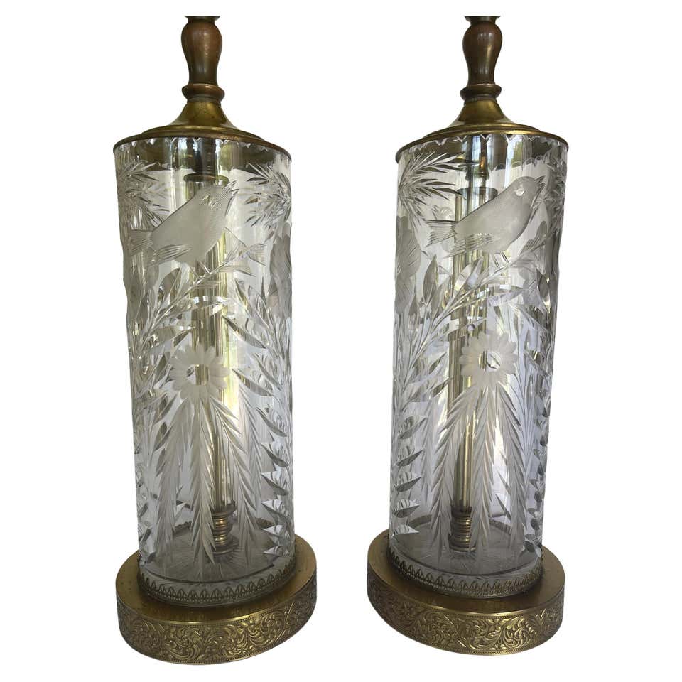 2 Vintage Waterford Cut Crystal and Brass 7575 Lismore Table Lamp Pair ...