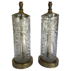 Art Deco Fine Cut Crystal & Brass Cylinder Lamps