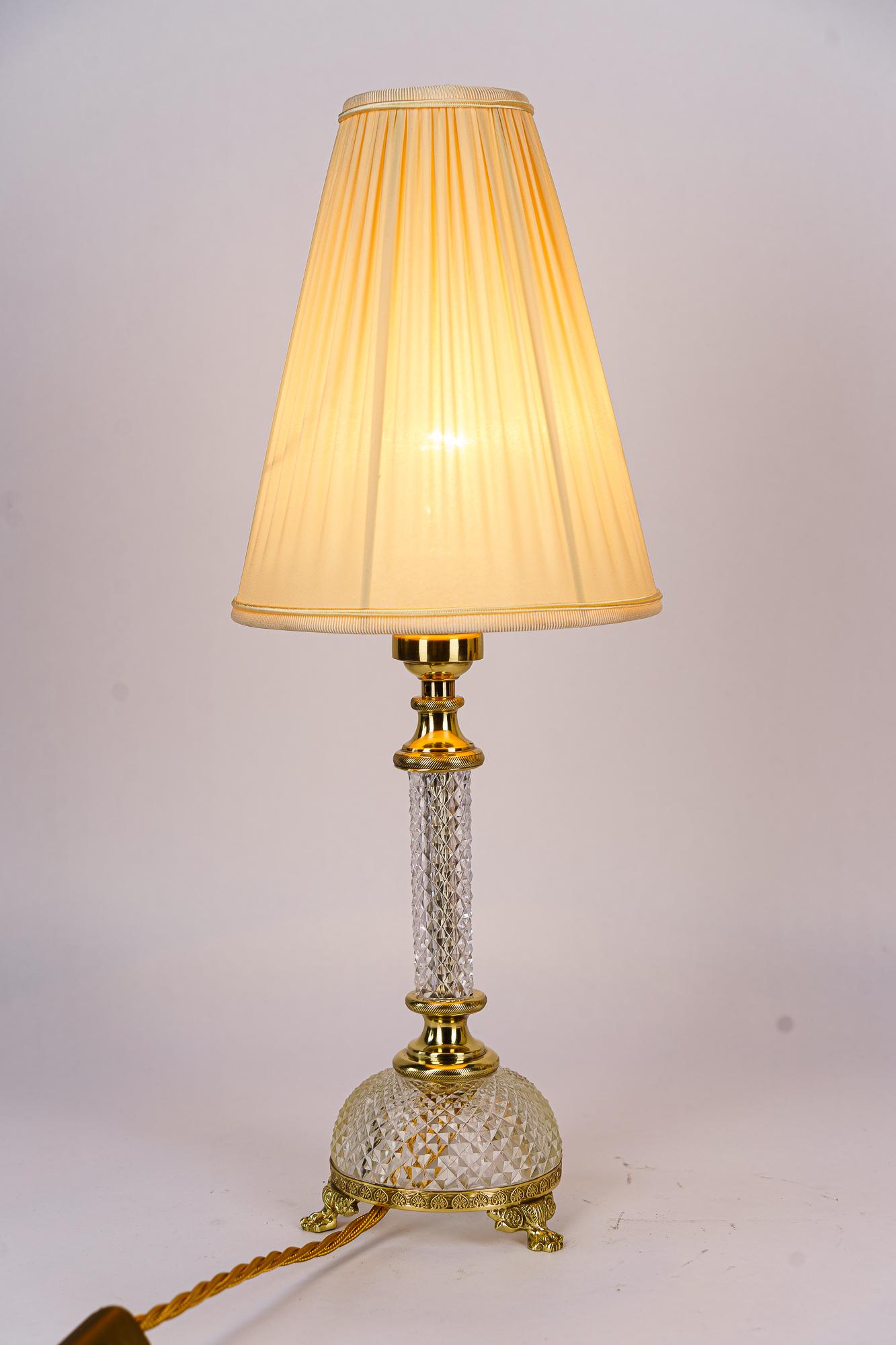 Brass Art Deco fine cut glass table lamp with fabric shade vienna around 1920s For Sale