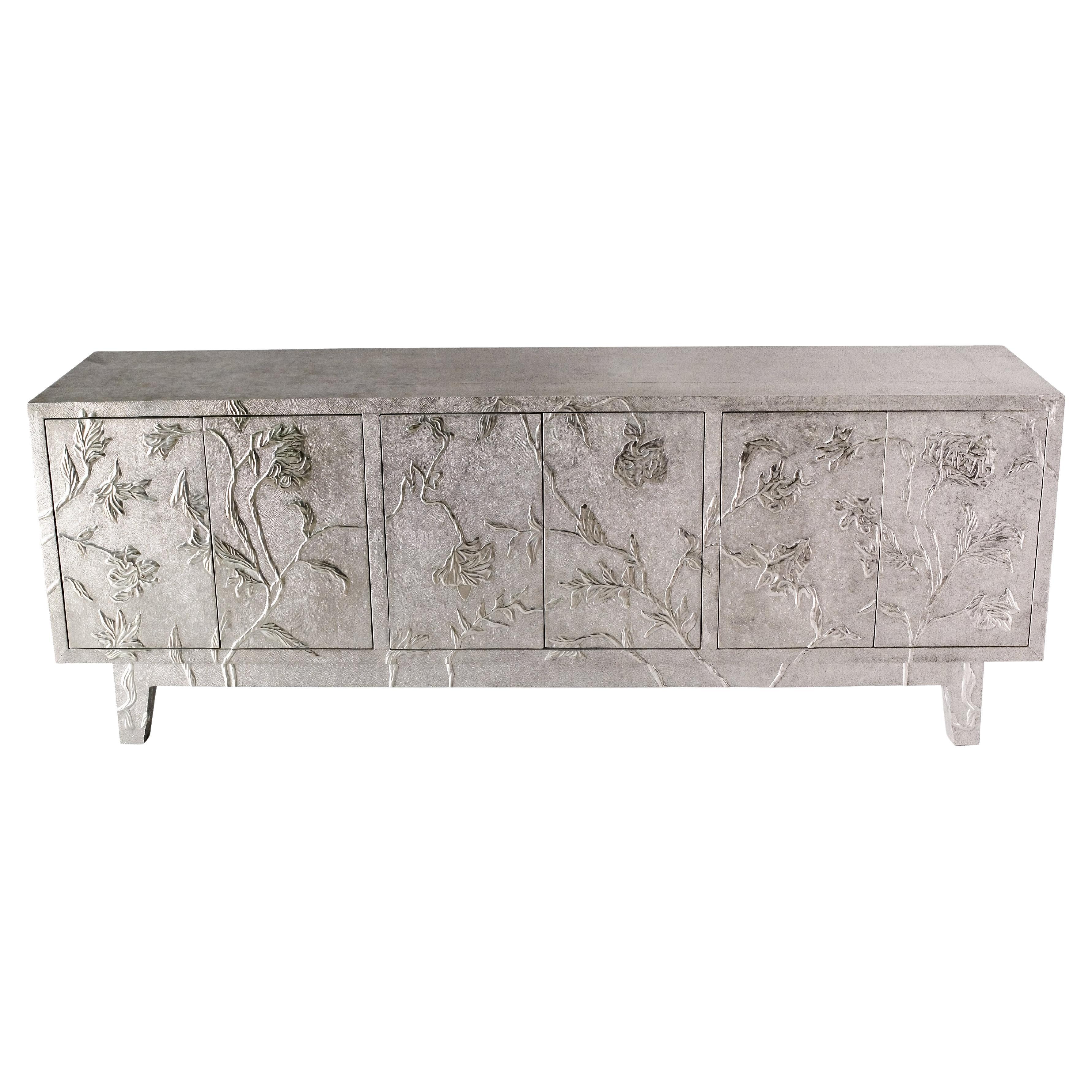 Art Deco Fine Hammered White Bronze Sideboard – Metal Clad Floral Credenza
