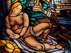 Art Deco Fine Leaded Glass Window, A Nude in a Landscape by Marijan Trepse