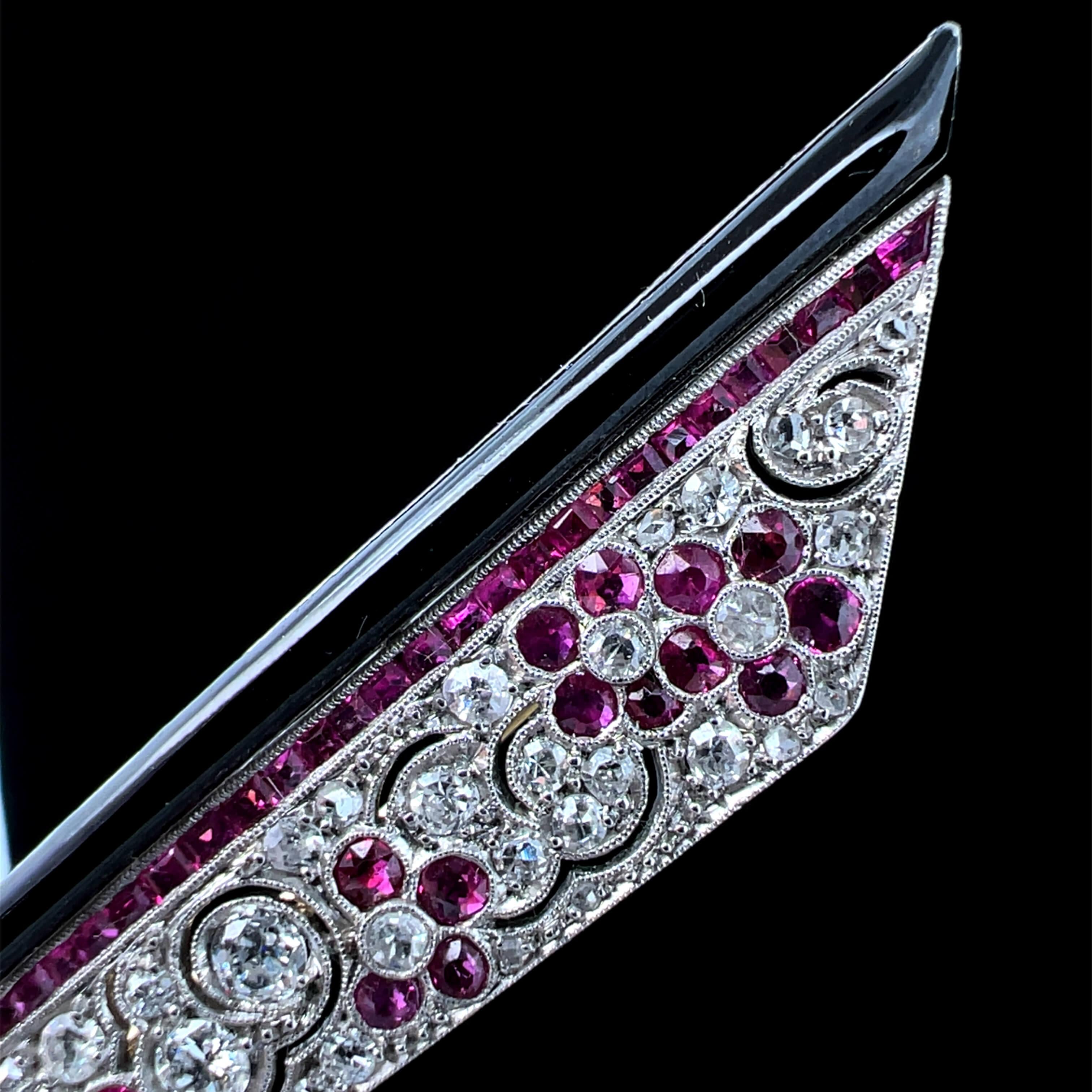 Art Deco Fine Ruby, Diamond and Enamel Brooch Circa 1925 In Good Condition For Sale In ADELAIDE, SA