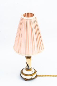Art Deco Fire Gilted Marble Table Lamp with Fabric Shade, Vienna, Around 1920s