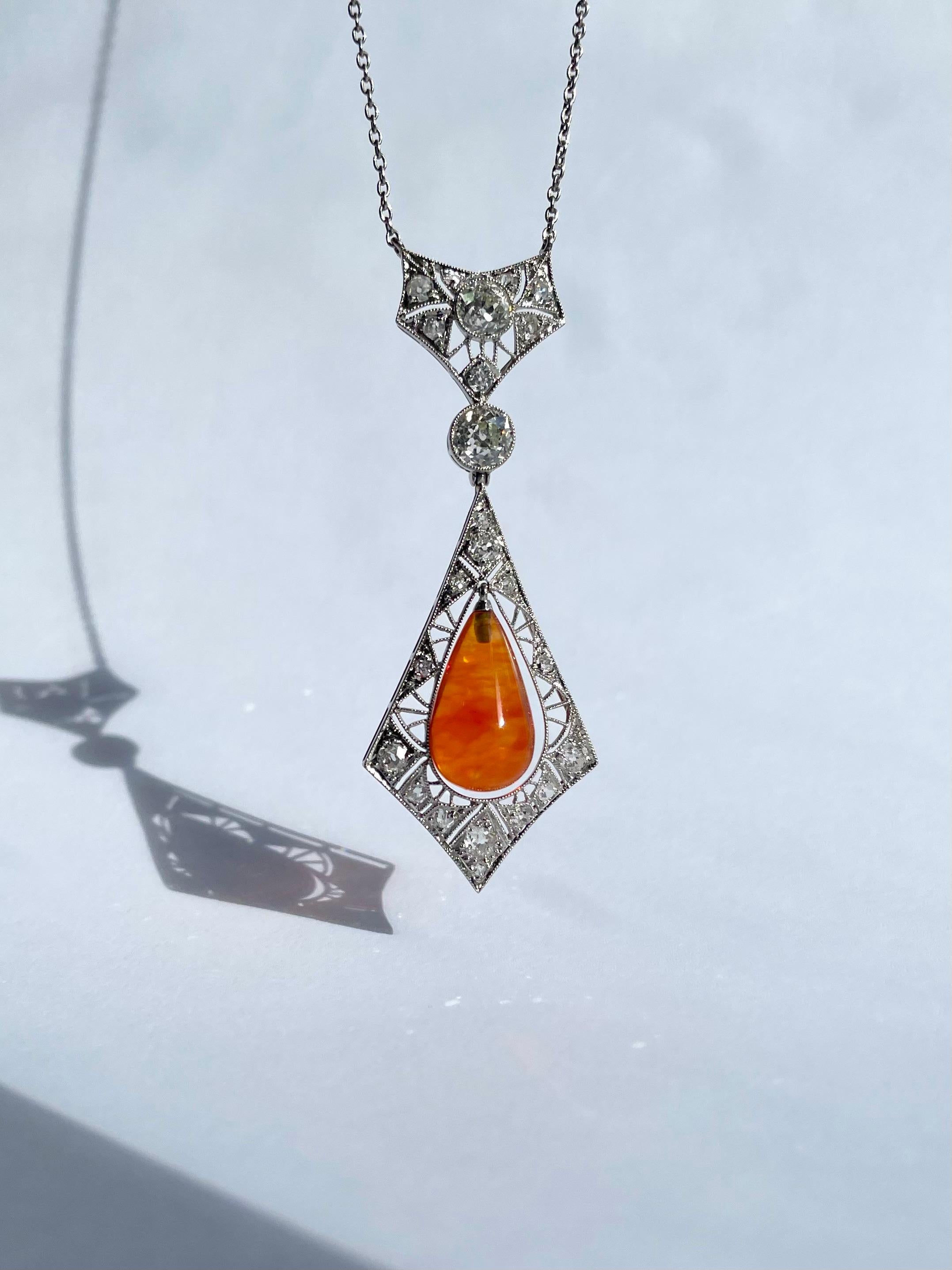 Cabochon Art Deco Fire Opal & 3.32 CTW Diamond Necklace in Platinum For Sale