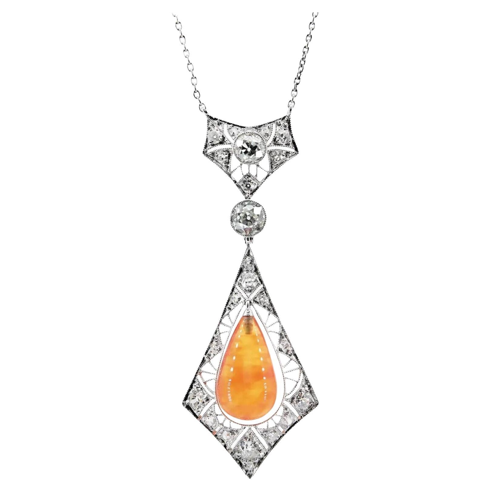 Art Deco Fire Opal & 3.32 CTW Diamond Necklace in Platinum For Sale