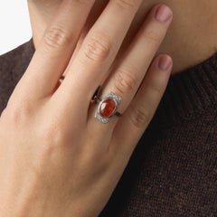 Art Deco fire opal diamond 18k white gold dinner ring