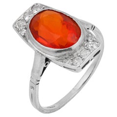 Art Deco fire opal diamond 18k white gold dinner ring