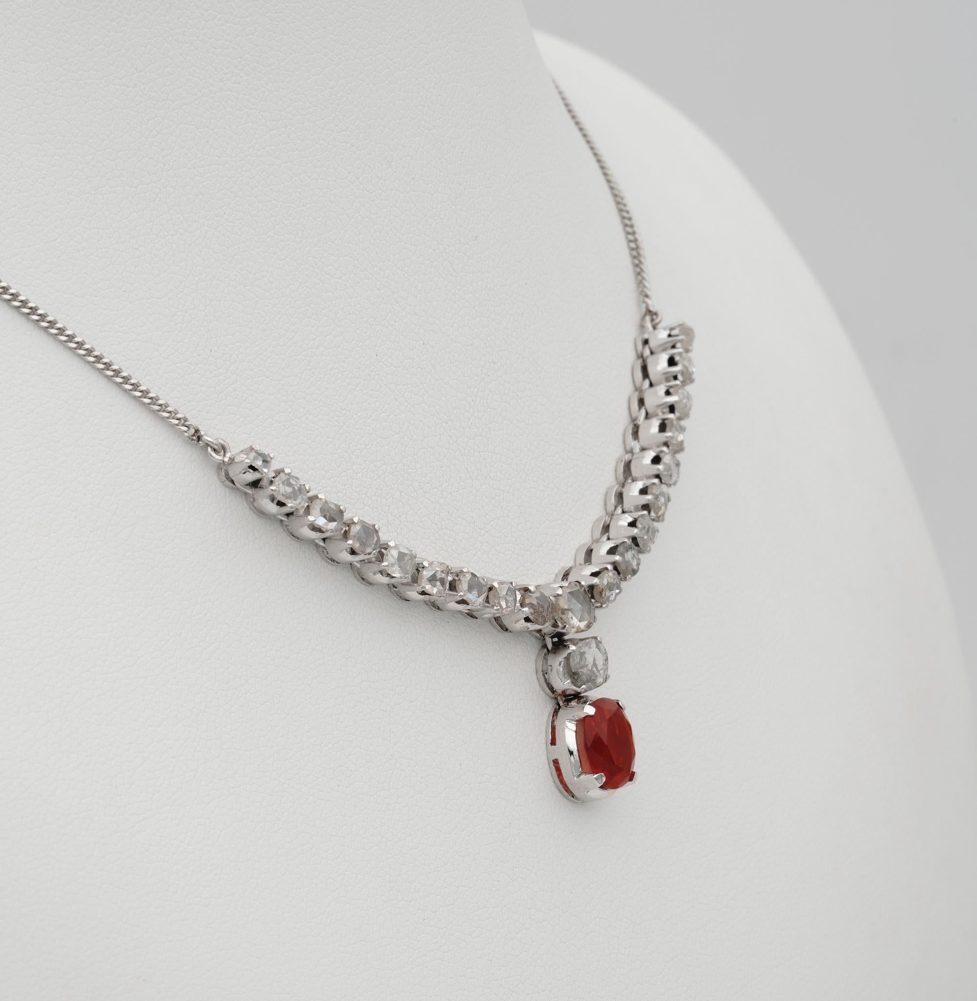 Art Deco Fire Opal Rose Cut Diamond Rare Necklace In Good Condition For Sale In Napoli, IT