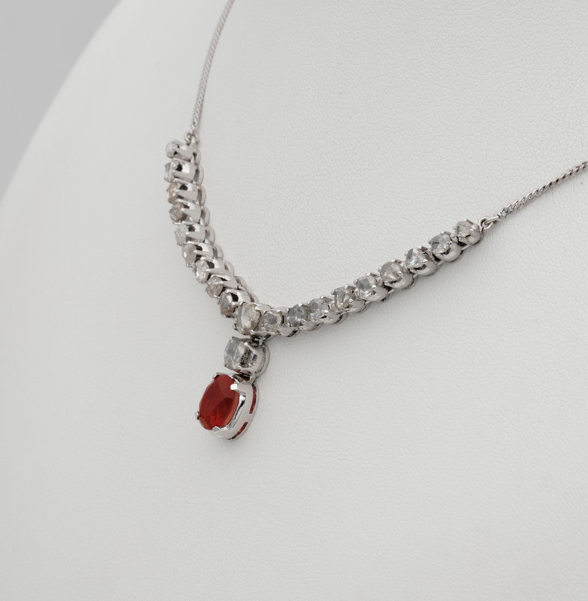 Art Deco Fire Opal Rose Cut Diamond Rare Necklace For Sale 1
