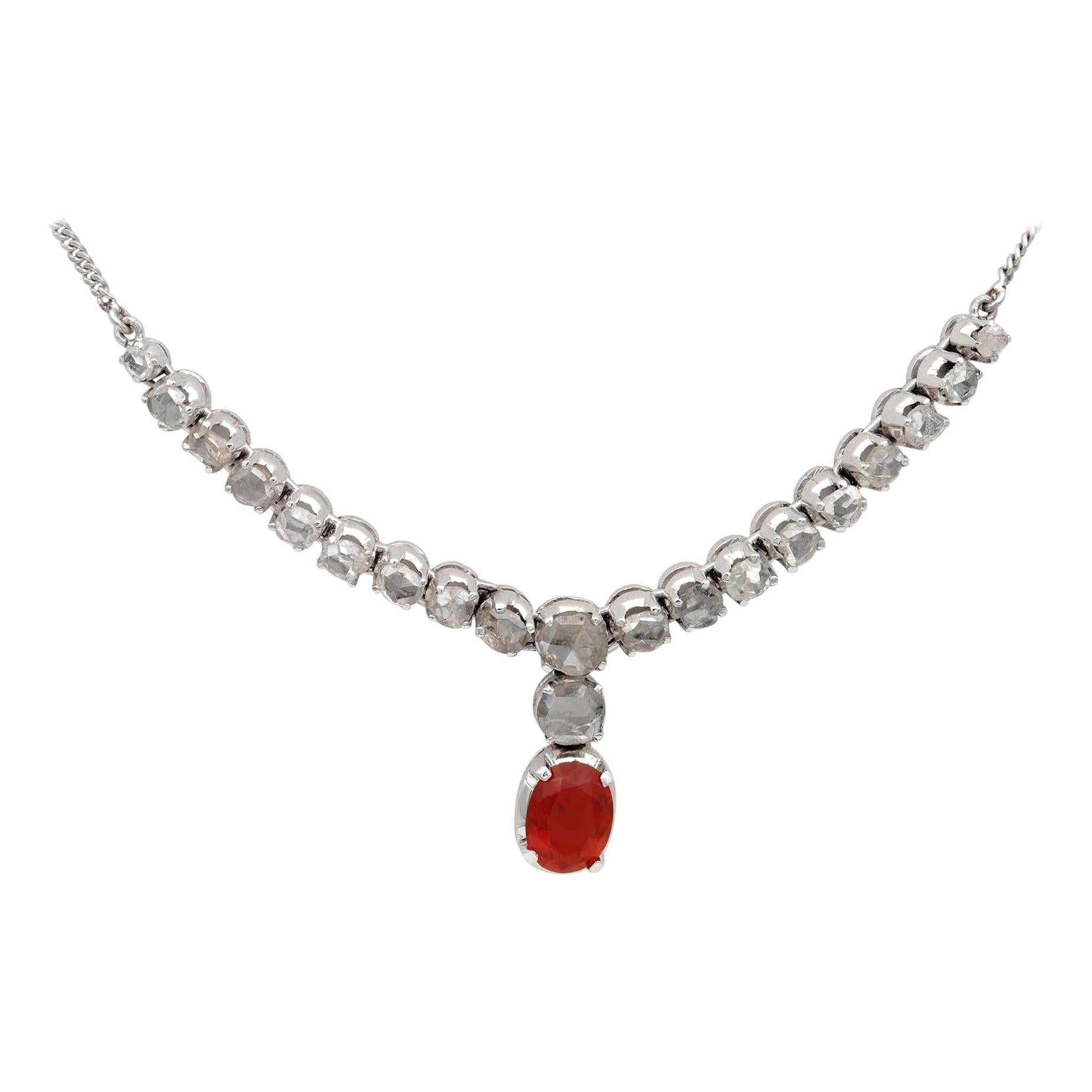 Art Deco Fire Opal Rose Cut Diamond Rare Necklace For Sale