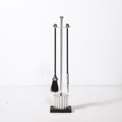 Art Deco Fire Tool Set in Nickel  with Fluted  Detailing and Black Enamel