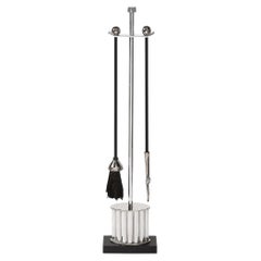 Art Deco Fire Tool Set in Nickel  with Fluted  Detailing and Black Enamel