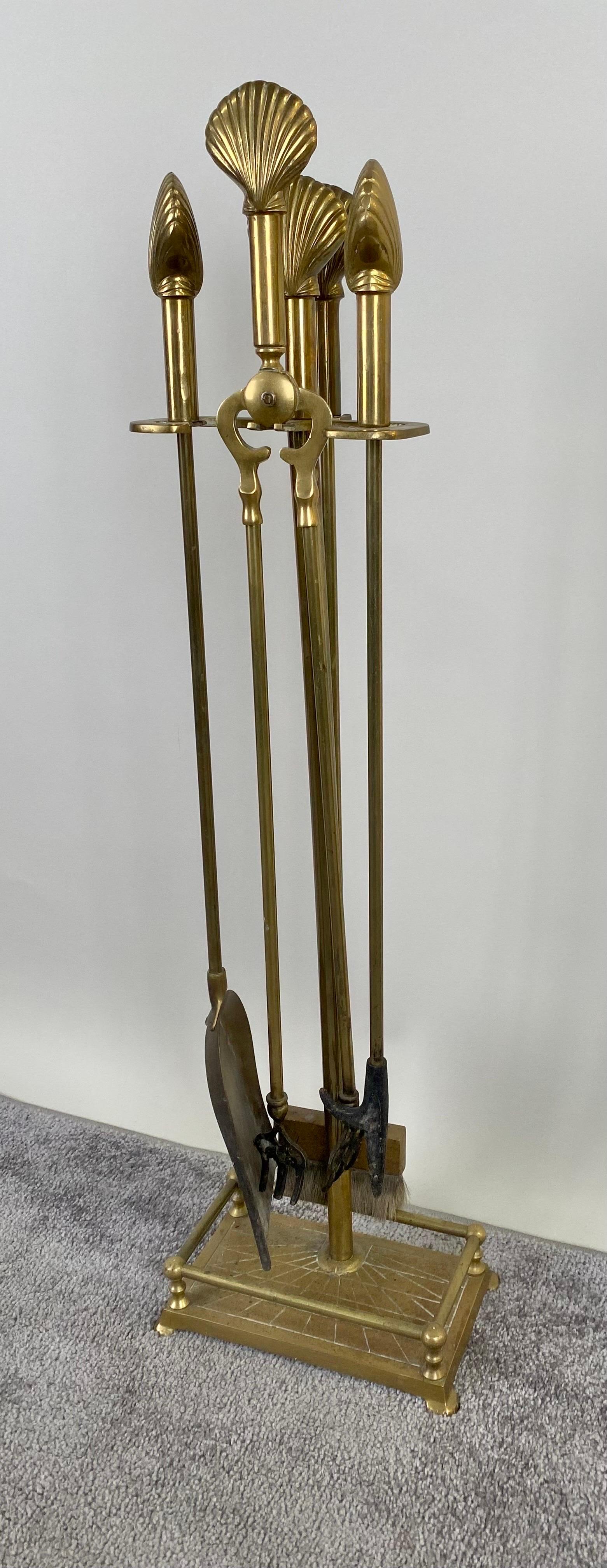 Art Deco Fireplace Brass SeaShell Design Tools  In Good Condition For Sale In Plainview, NY