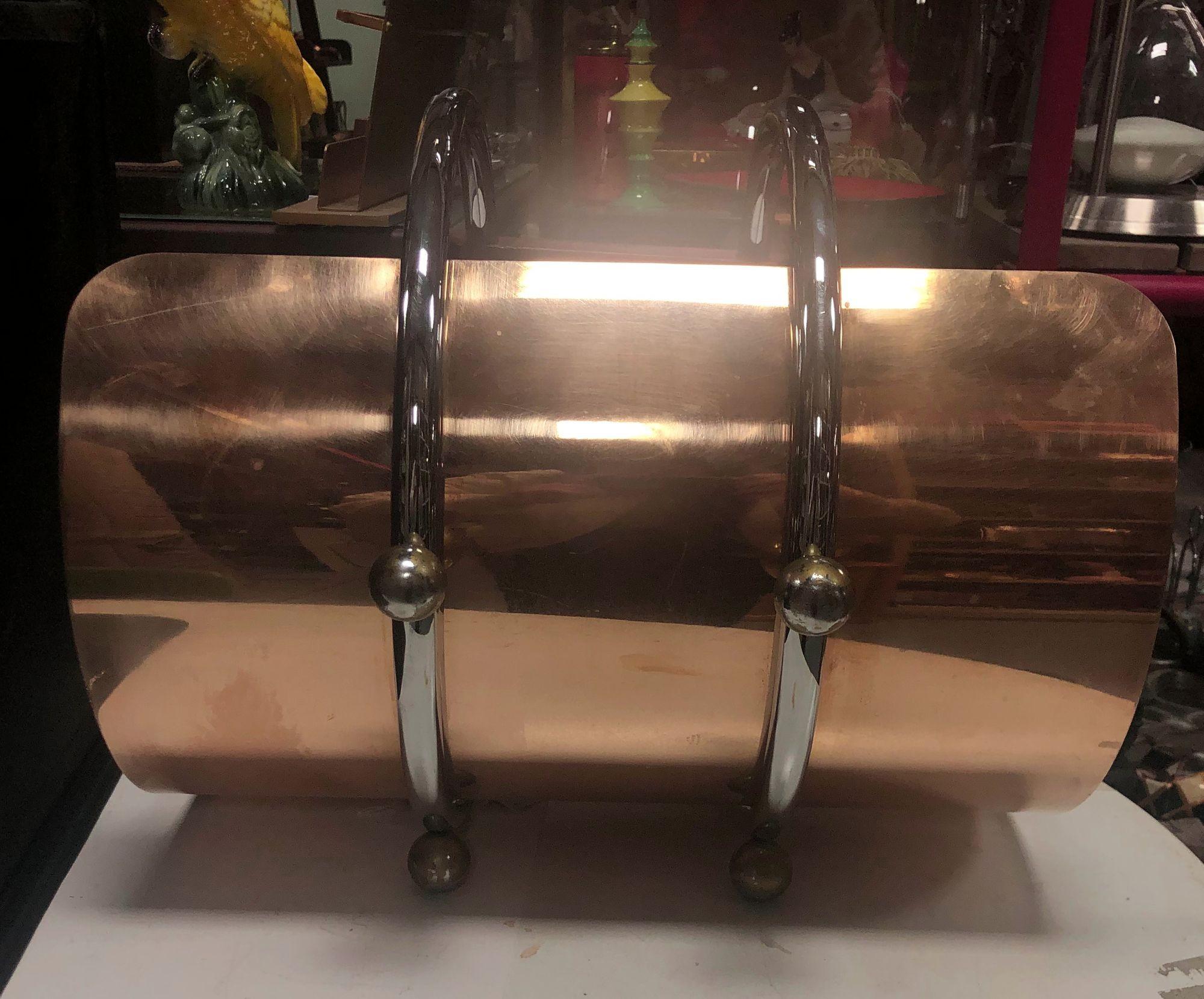 Art Deco Fireplace Log Holder Chrome and Copper by Revere For Sale 1