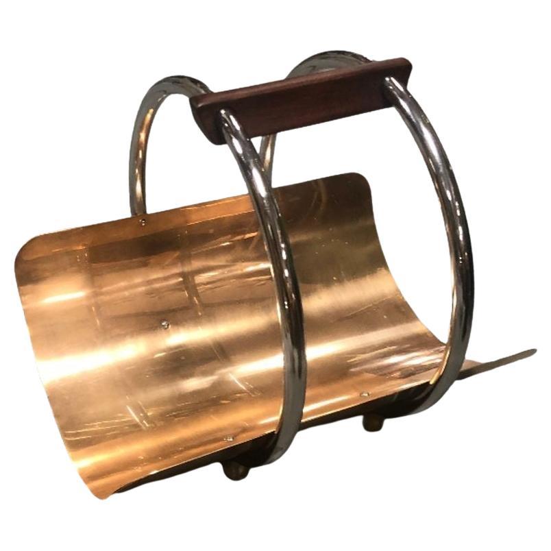 Art Deco Fireplace Log Holder Chrome and Copper by Revere
