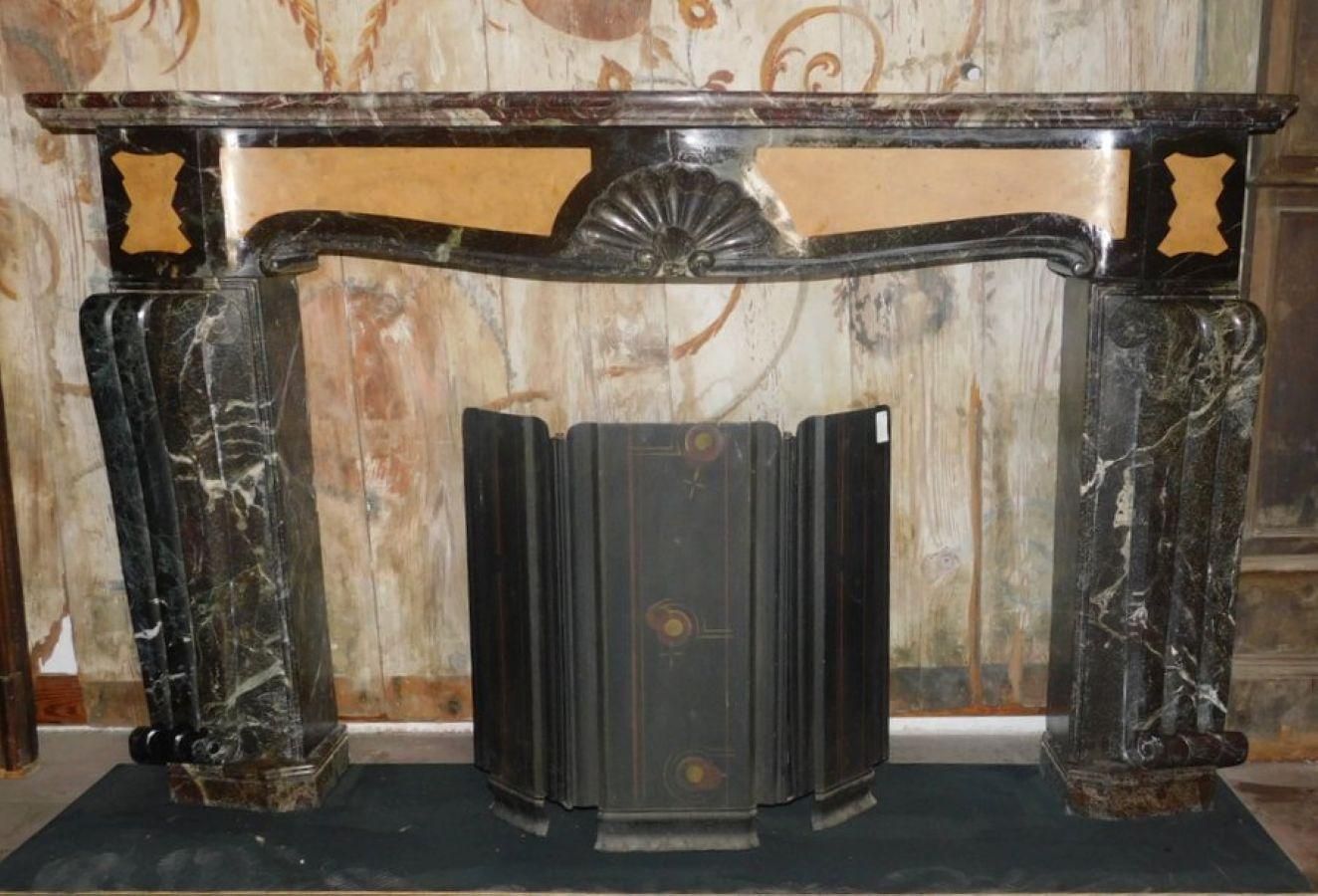 Italian Art Deco Fireplace mantel Inlaid Red and Yellow Marble, Rough, Italy For Sale