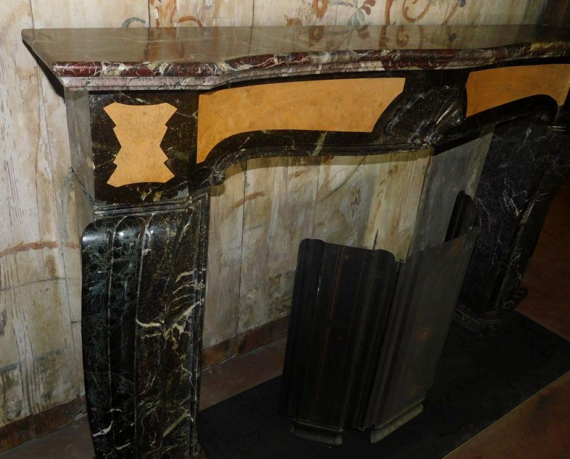 Carved Art Deco Fireplace mantel Inlaid Red and Yellow Marble, Rough, Italy For Sale