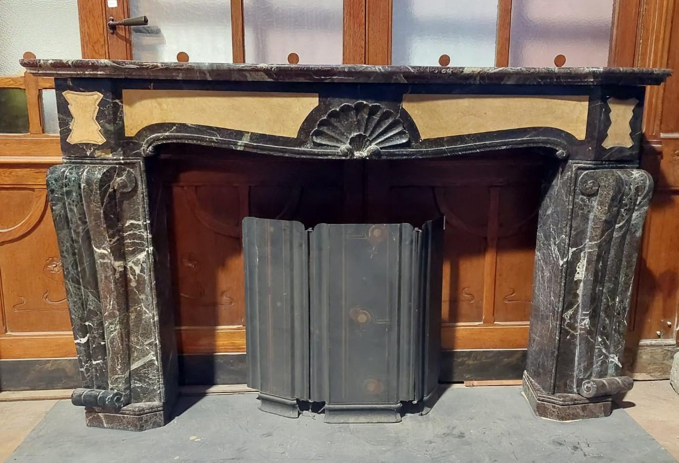 20th Century Art Deco Fireplace mantel Inlaid Red and Yellow Marble, Rough, Italy For Sale
