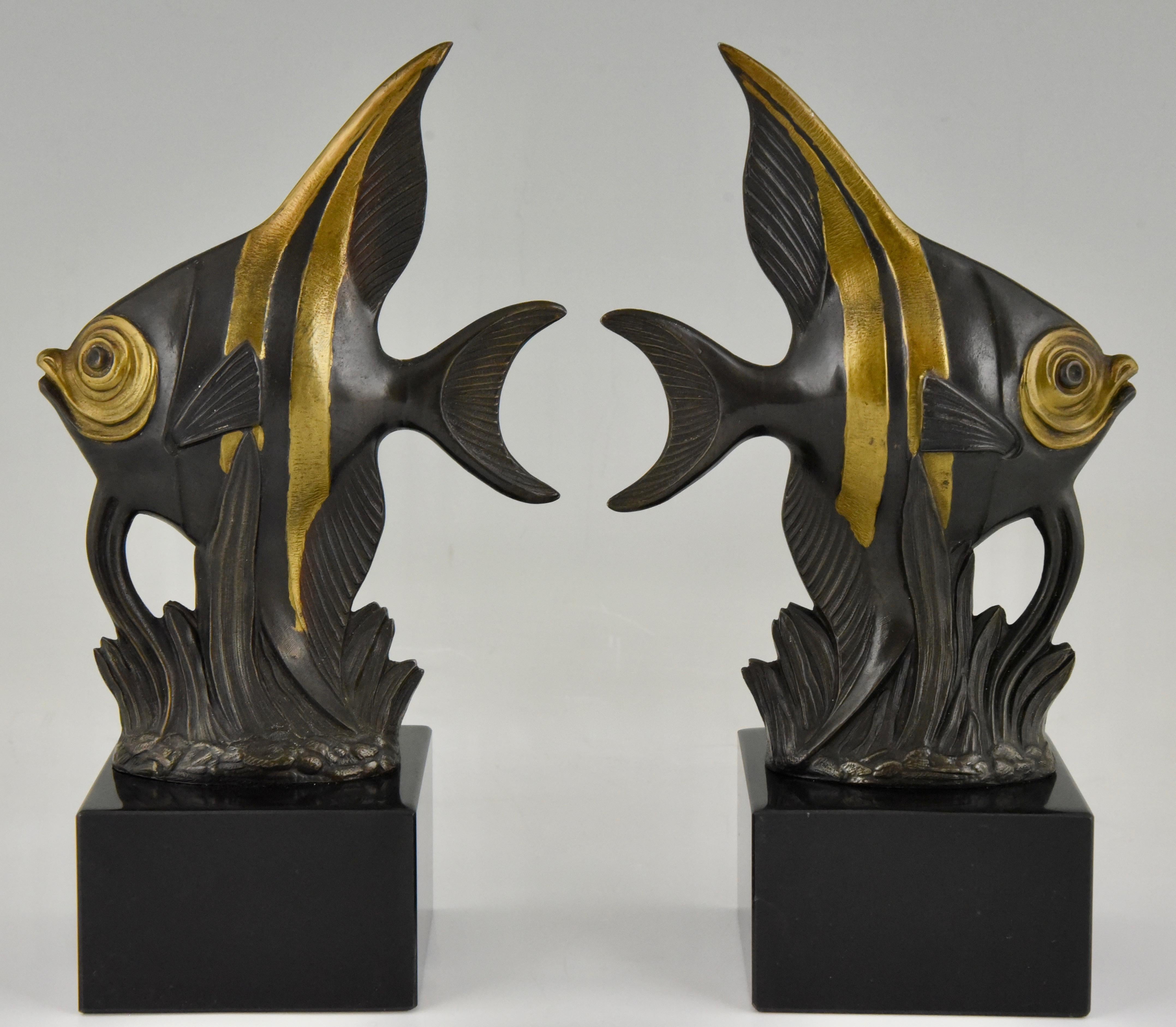 Patinated Art Deco Fish Bookends Luc, France, 1930