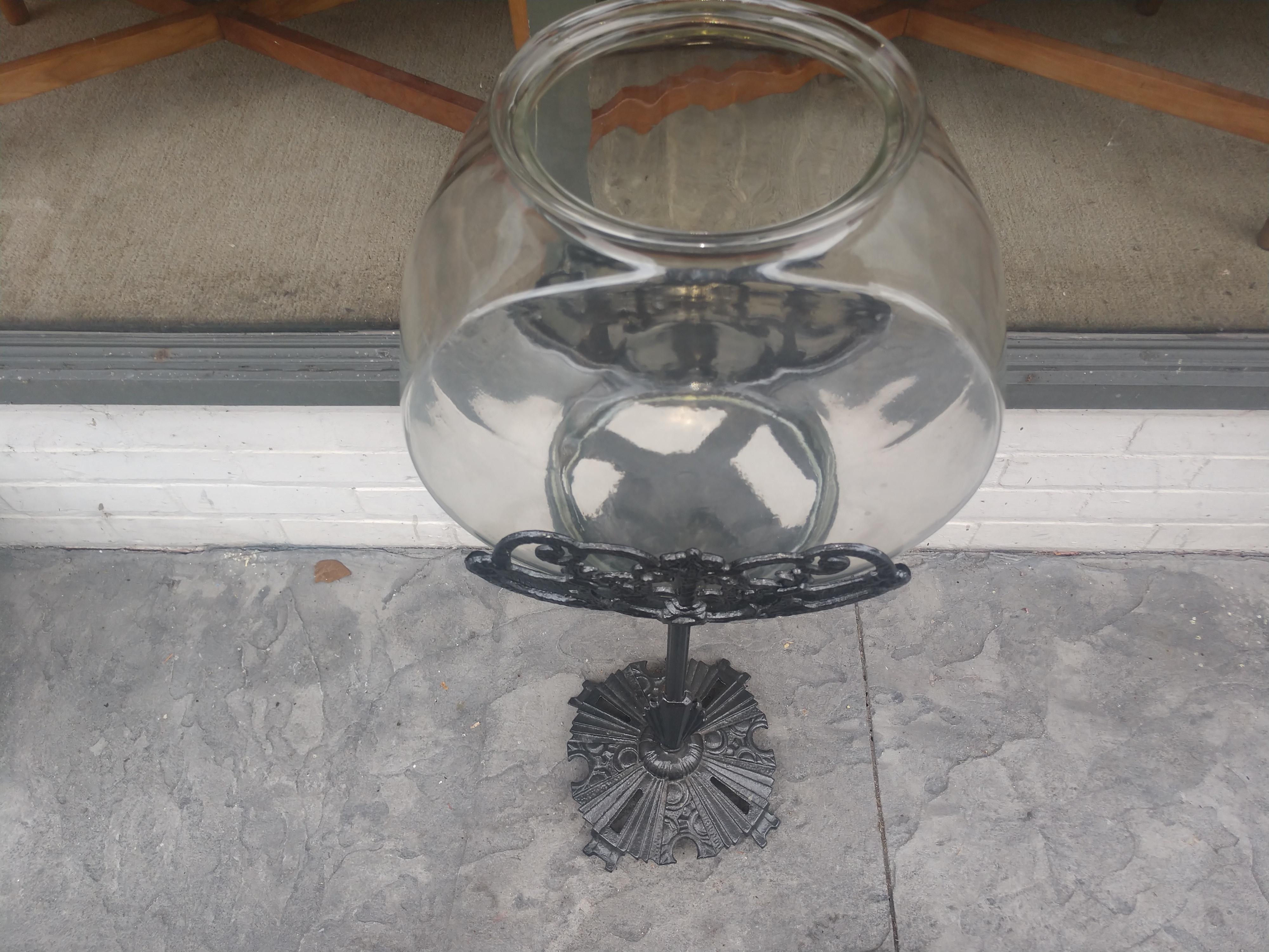 American Art Deco Fish Bowl with Decorative Iron Stand C1926