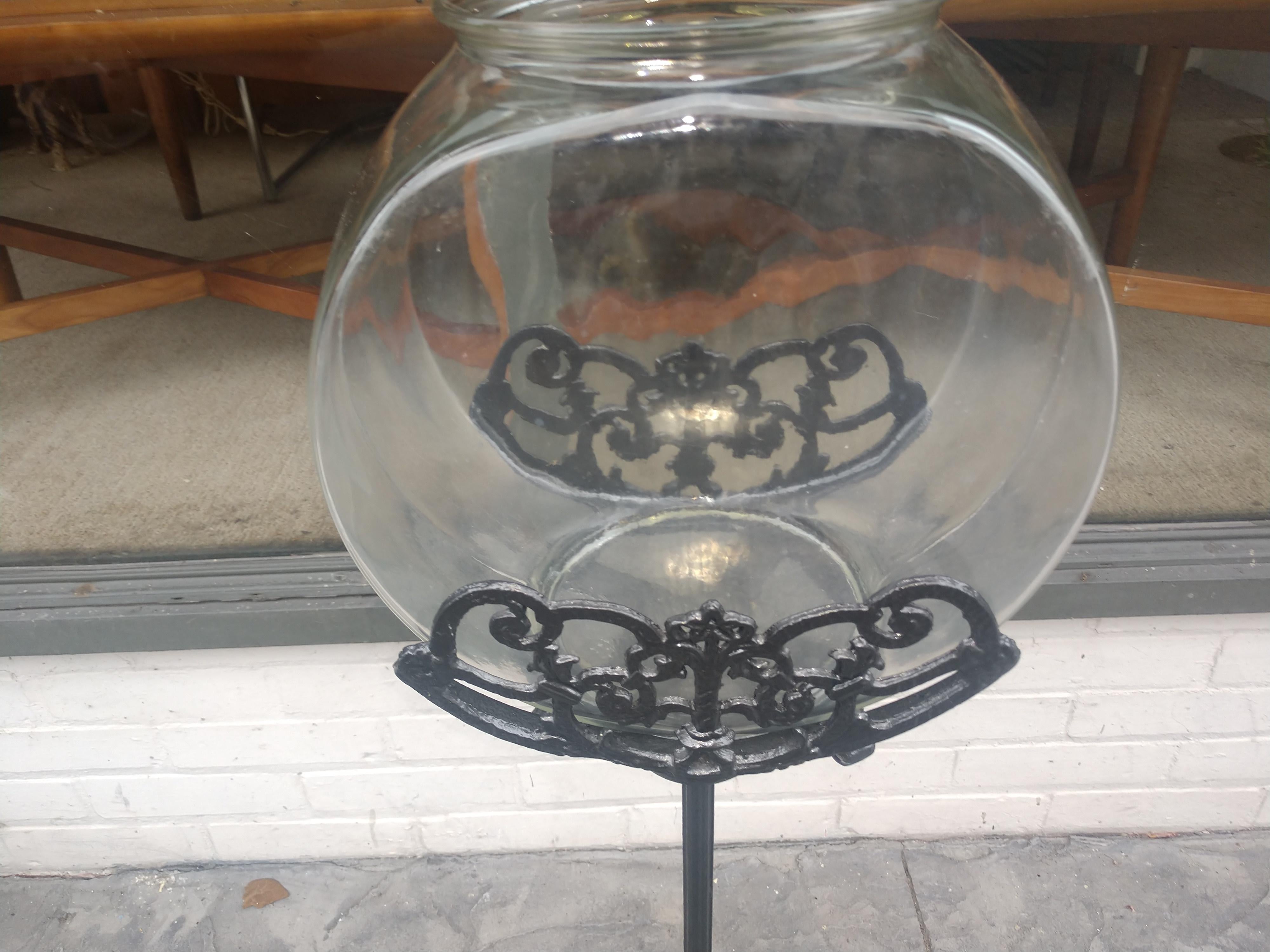 Art Deco Fish Bowl with Decorative Iron Stand C1926 In Good Condition In Port Jervis, NY