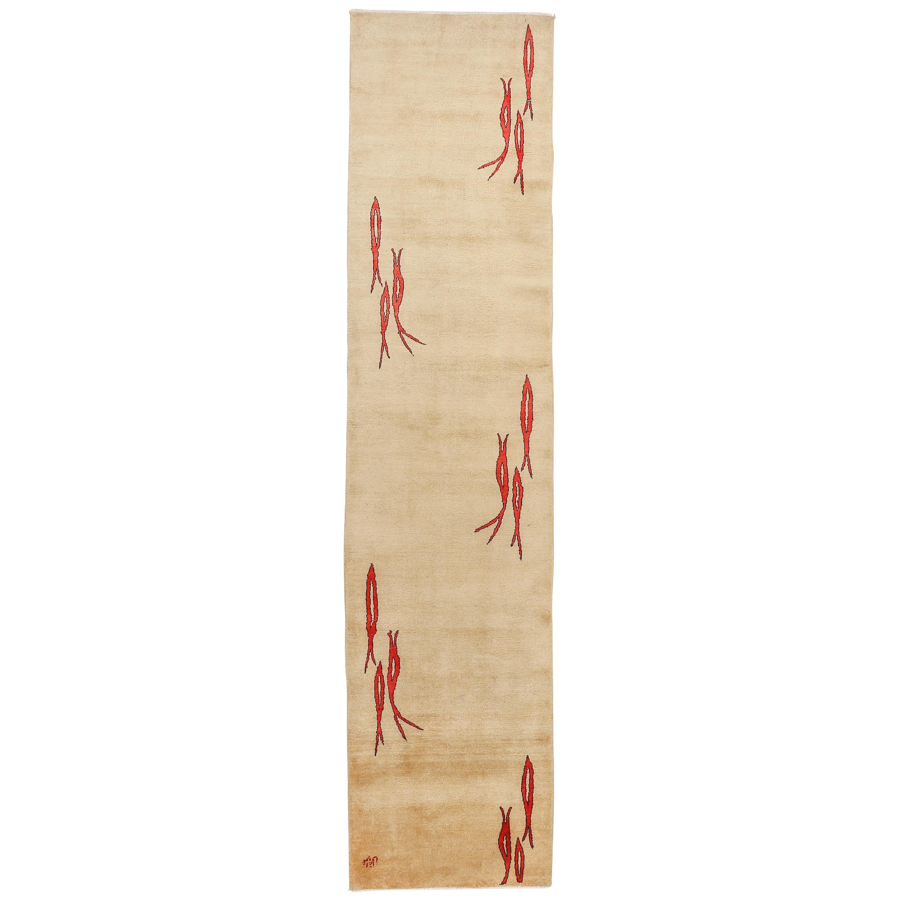 Art Deco Fish Design Ivory Modernist Runner Rug For Sale