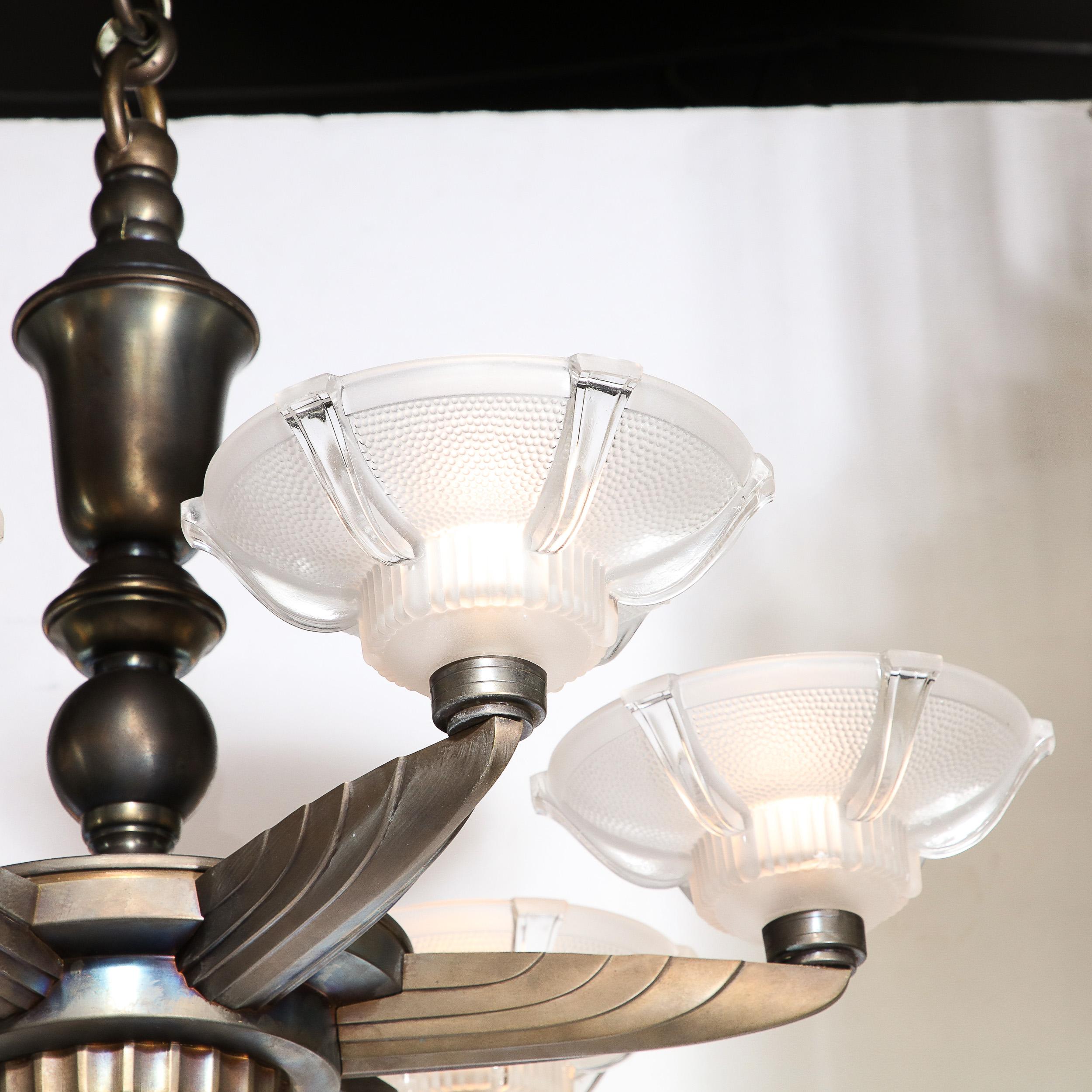 Art Deco Five Arm Bronze and Frosted Glass Chandelier by Petitot 6