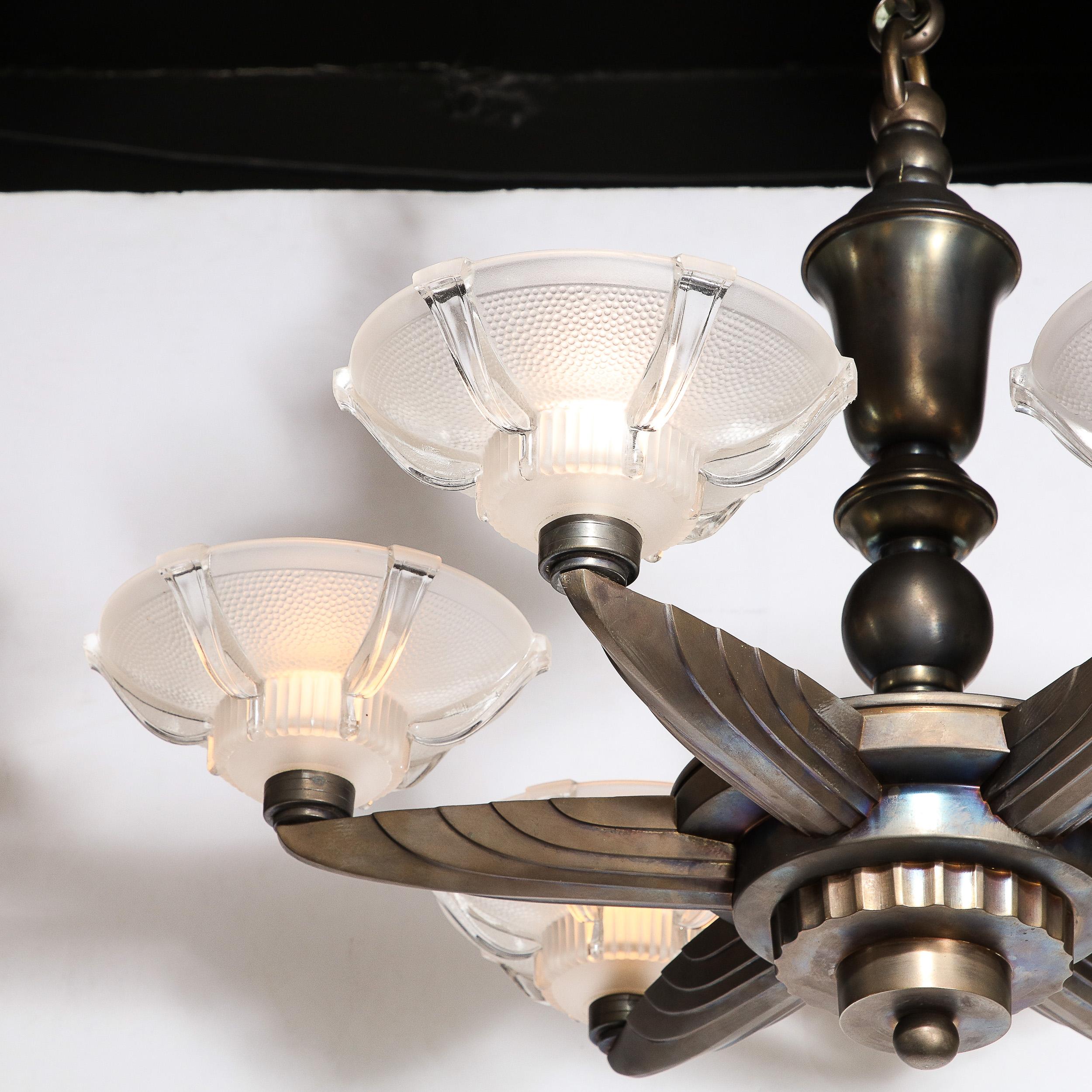 Art Deco Five Arm Bronze and Frosted Glass Chandelier by Petitot 7