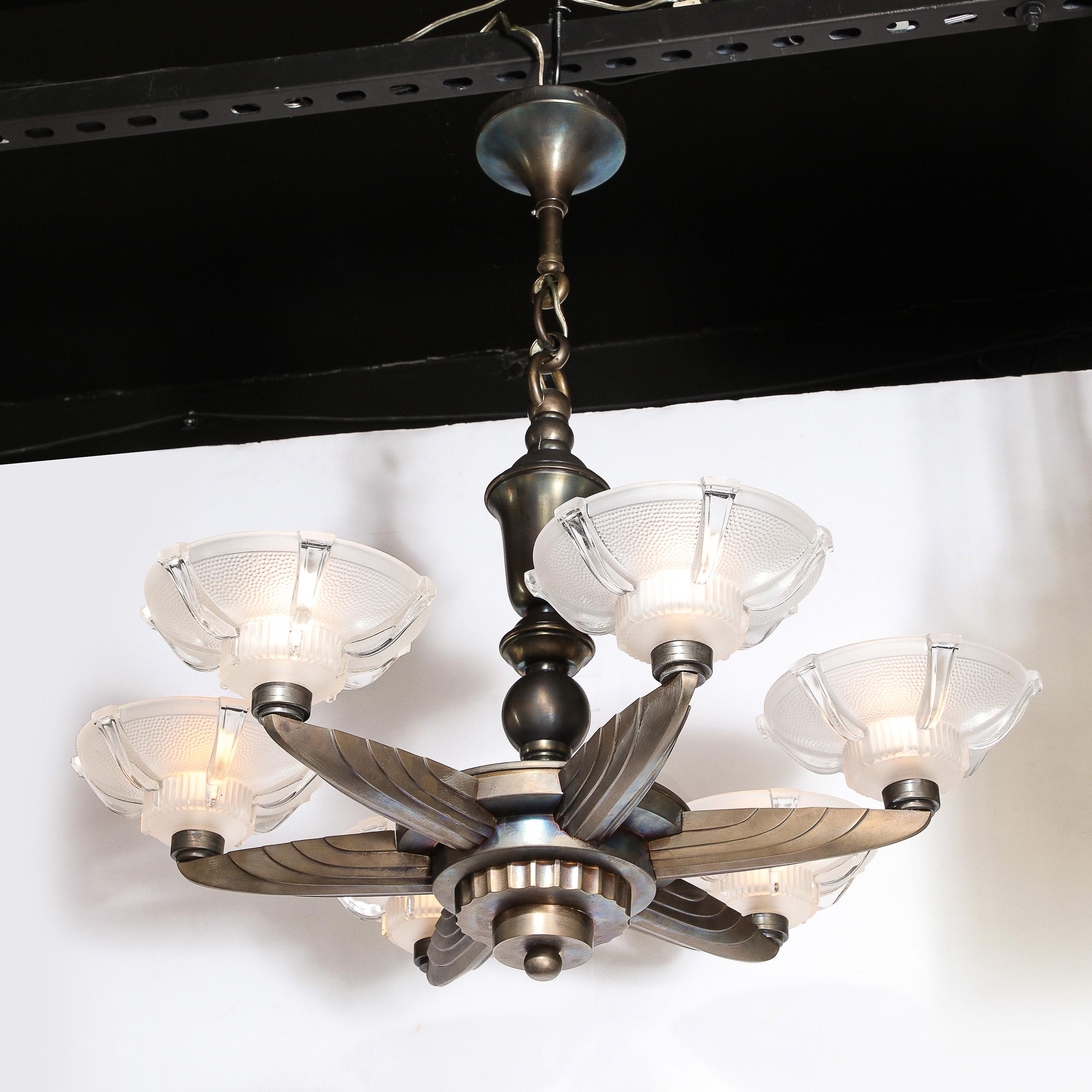 Art Deco Five Arm Bronze and Frosted Glass Chandelier by Petitot 10