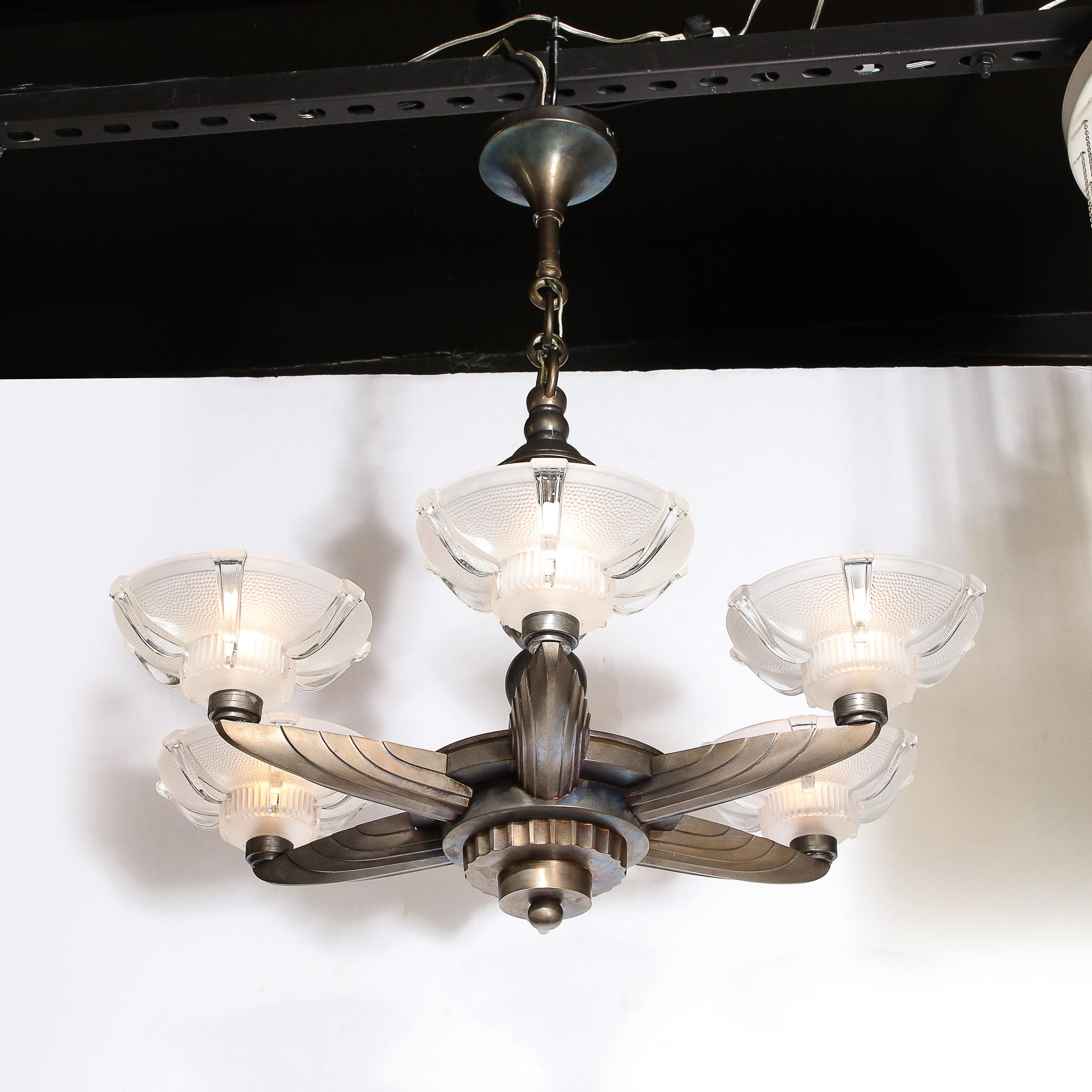 Art Deco Five Arm Bronze and Frosted Glass Chandelier by Petitot 11