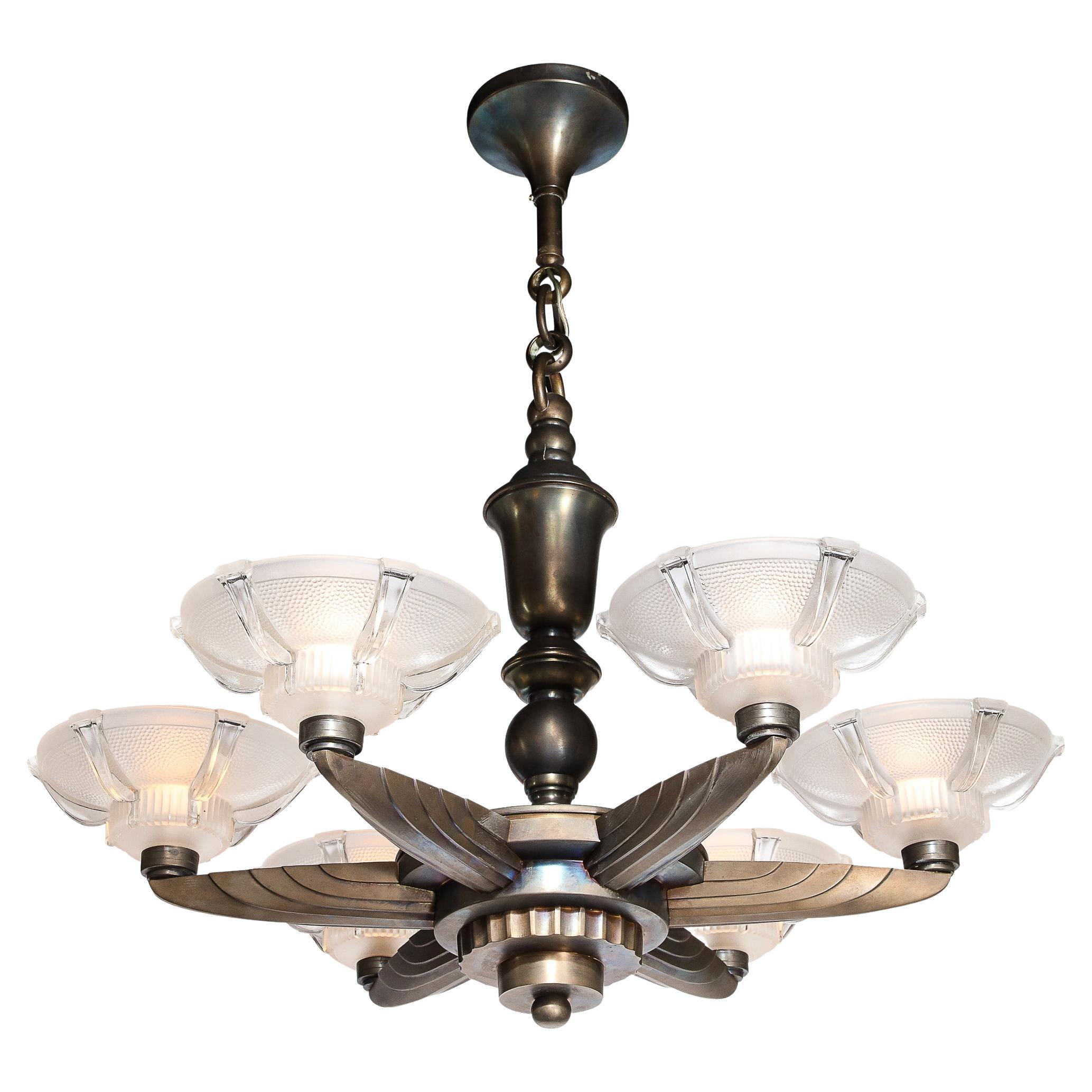 Art Deco Five Arm Bronze and Frosted Glass Chandelier by Petitot