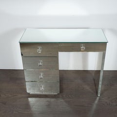 Art Deco Five-Drawer Mirrored Vanity with Square Lucite Pulls & Chrome Hardware