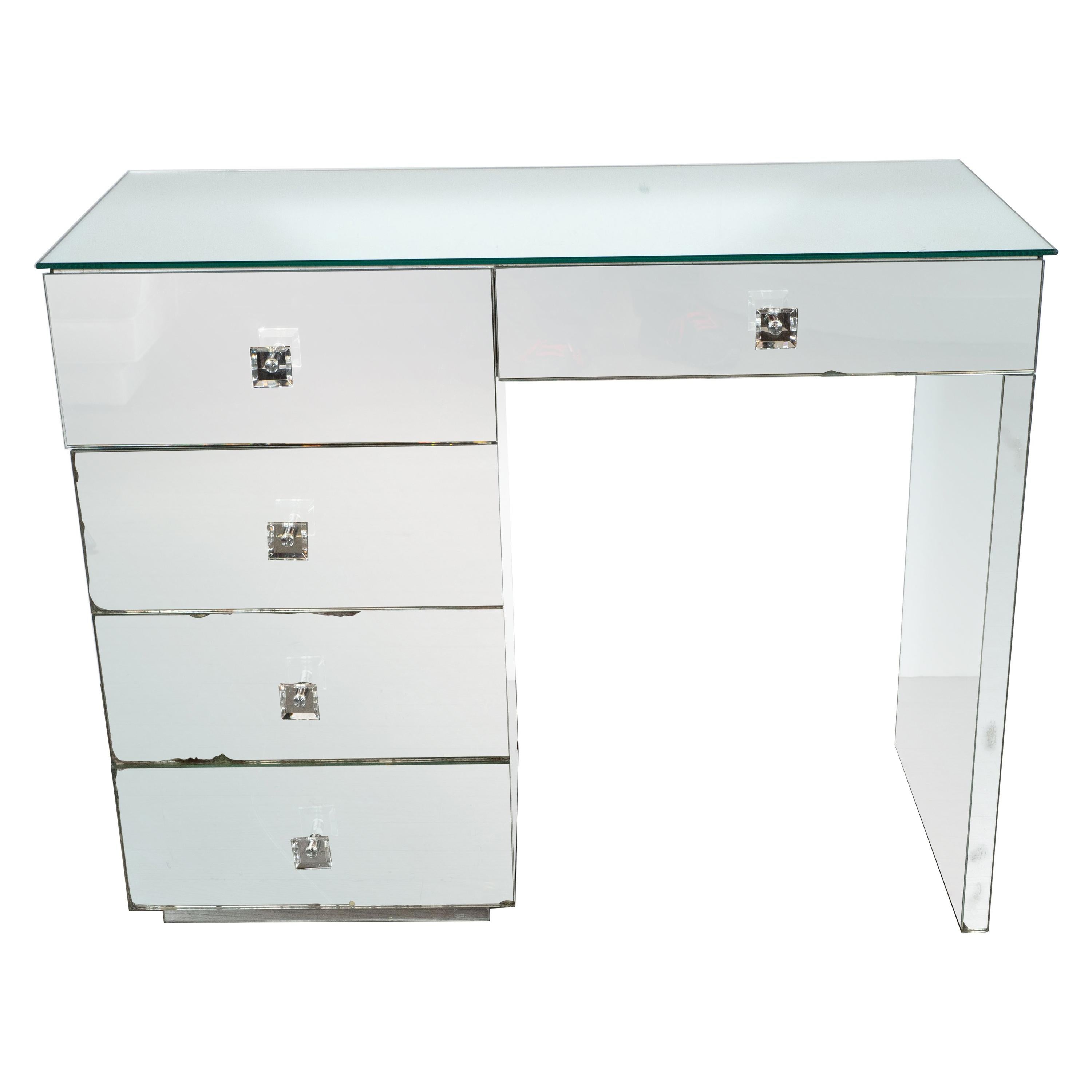 Art Deco Five-Drawer Mirrored Vanity with Square Lucite Pulls & Chrome Hardware