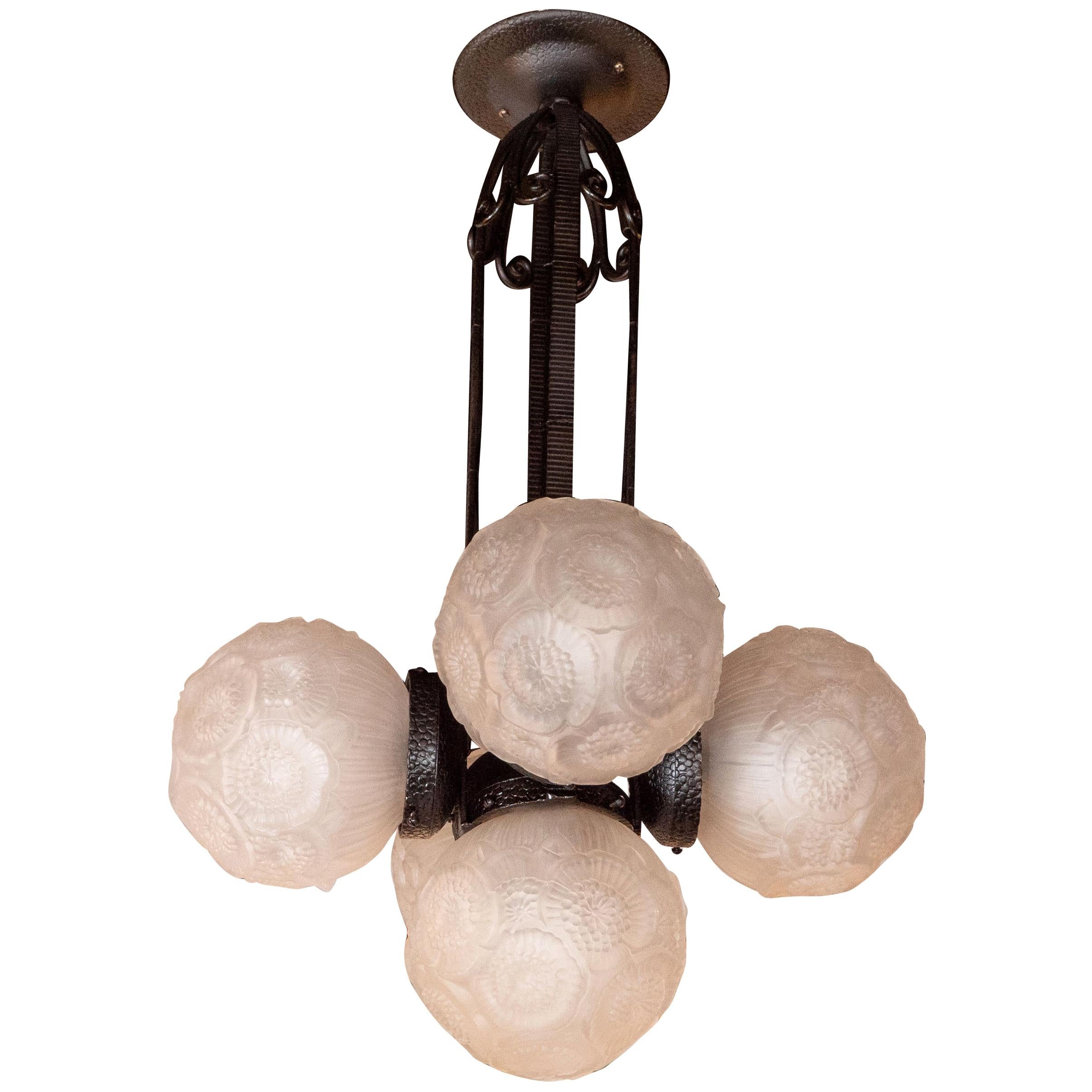 Art Deco Five Globe Chandelier in Wrought Iron & Frosted Glass by Muller Frères