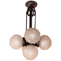 Art Deco Five Globe Chandelier in Wrought Iron & Frosted Glass by Muller Frères