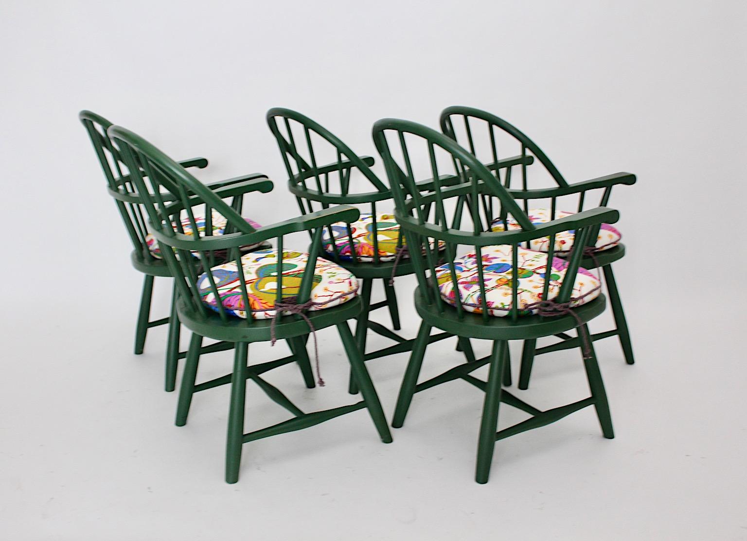 Austrian Art Deco Five Green Josef Frank Beech Vintage Dining Room Chairs Vienna c 1925 For Sale