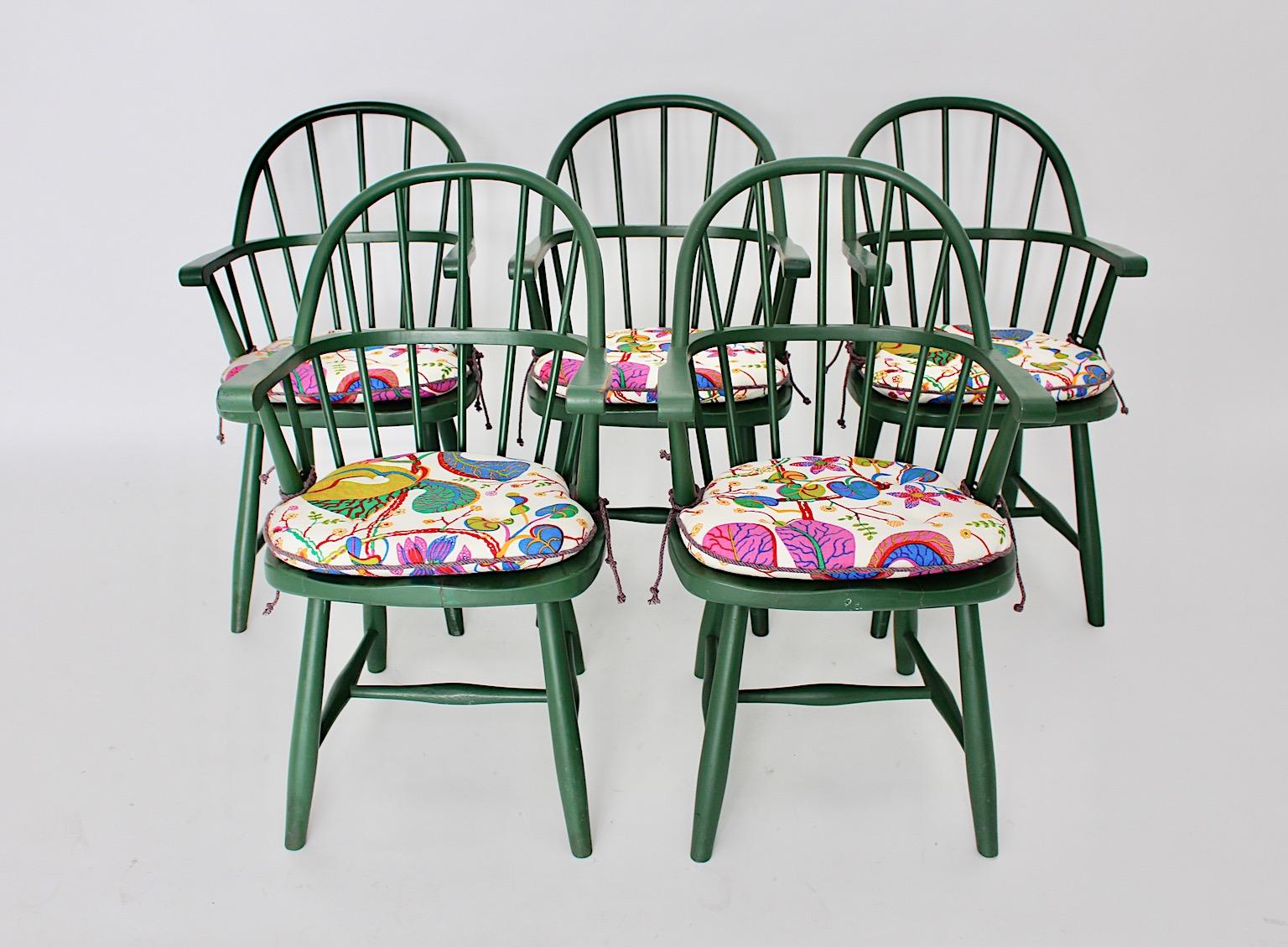 Early 20th Century Art Deco Five Green Josef Frank Beech Vintage Dining Room Chairs Vienna c 1925 For Sale