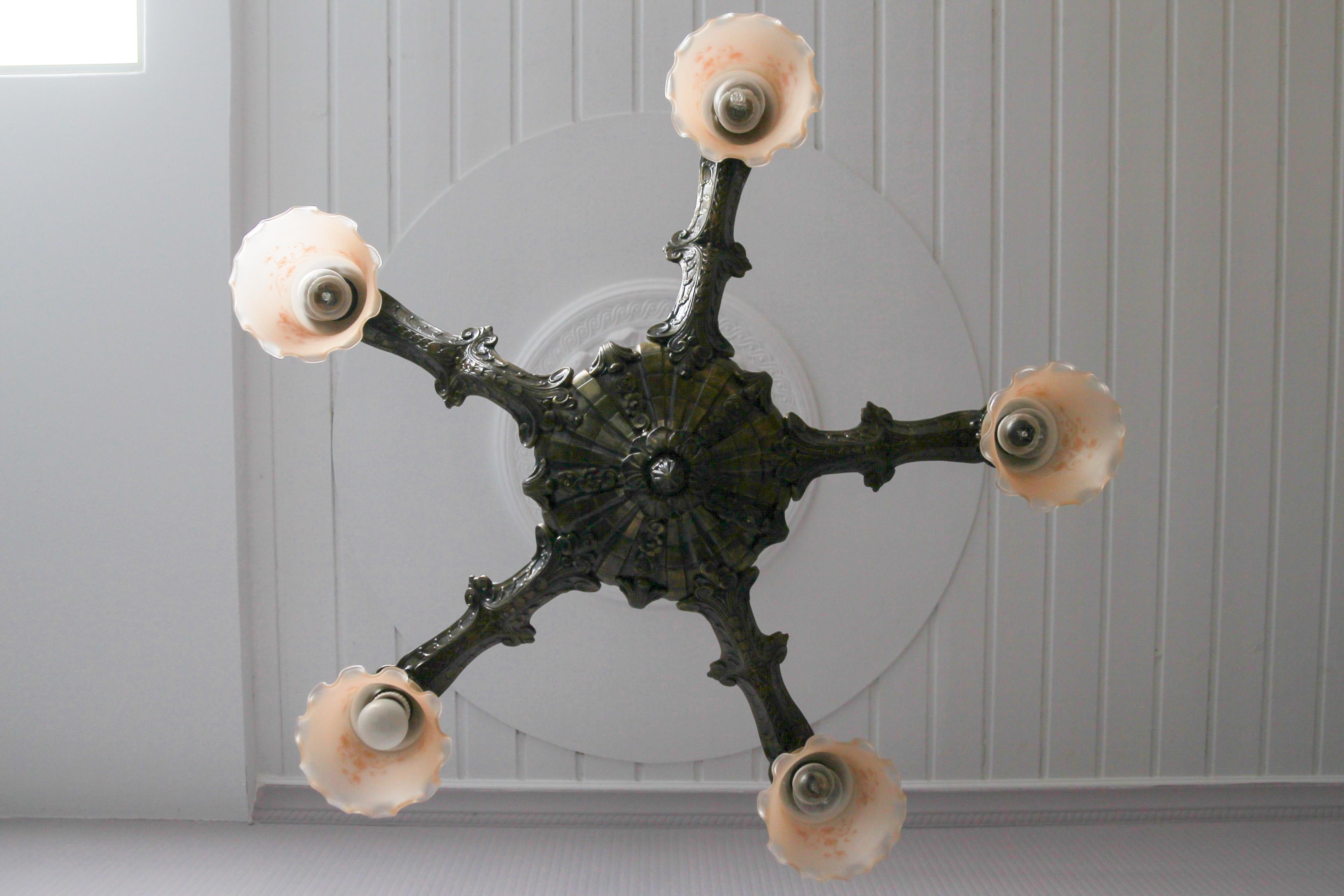 Art Deco Five-Light Bronze and Glass Floral Motif Chandelier, 1920s For Sale 4