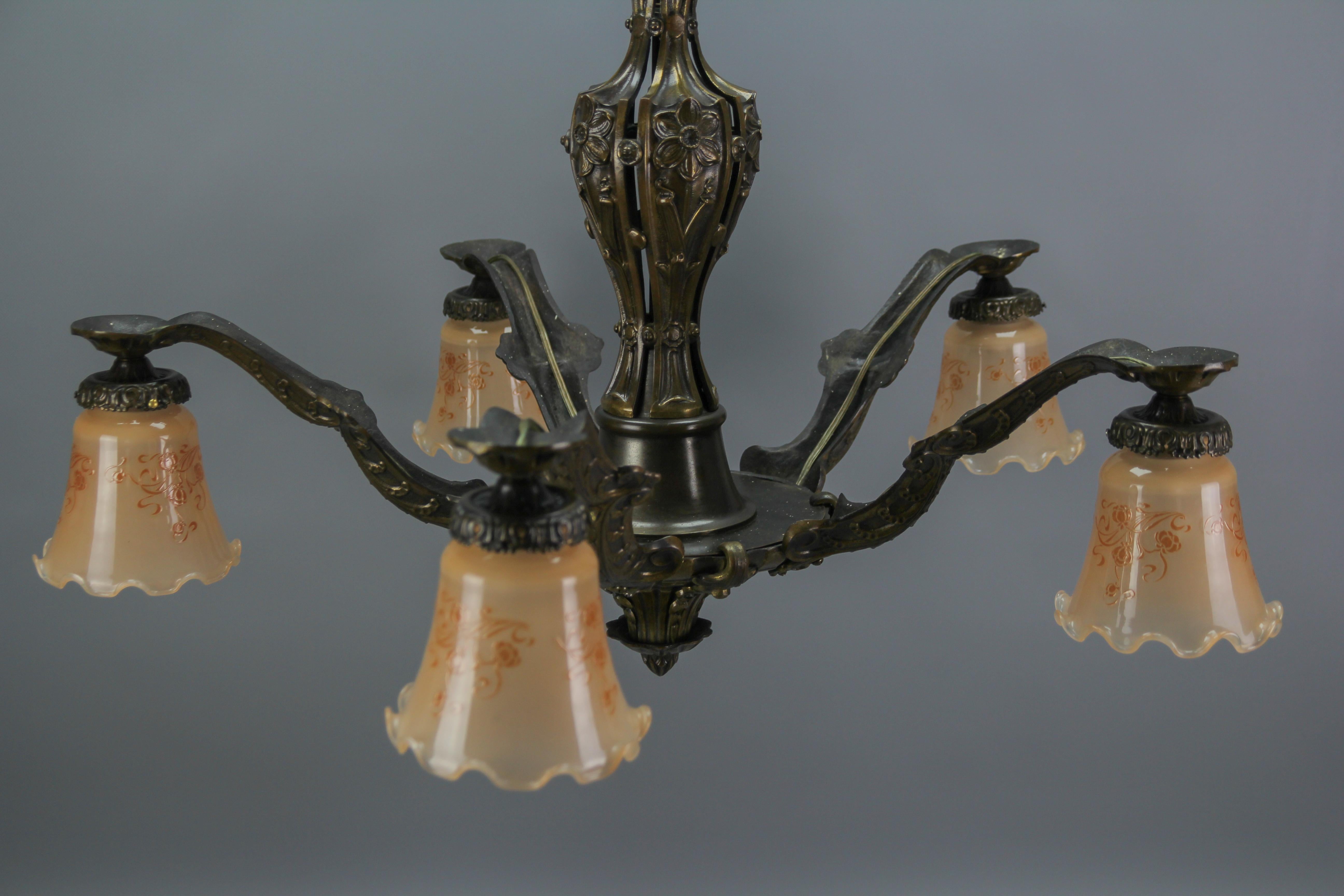 Art Deco Five-Light Bronze and Glass Floral Motif Chandelier, 1920s For Sale 5