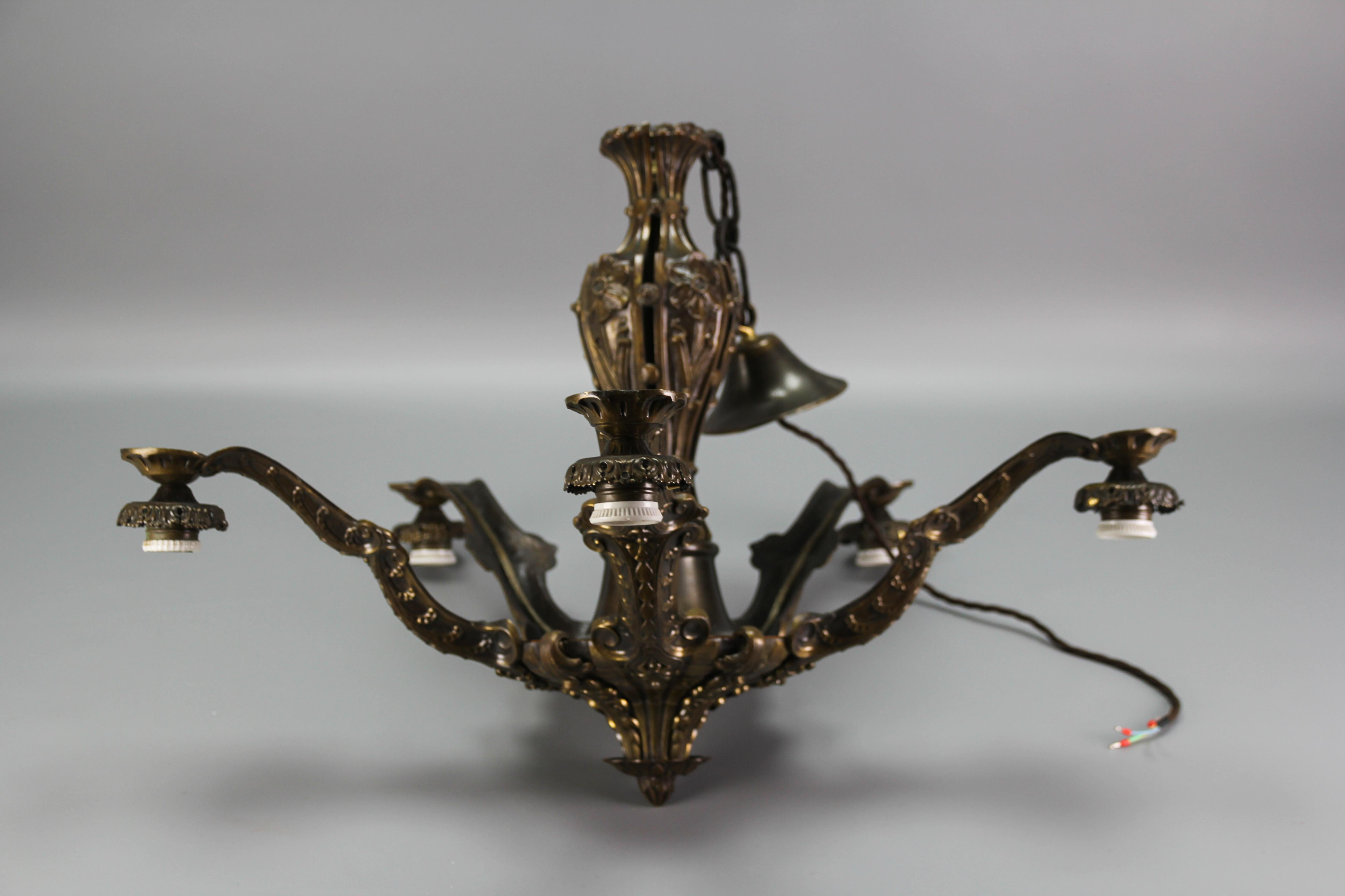 Art Deco Five-Light Bronze and Glass Floral Motif Chandelier, 1920s For Sale 7