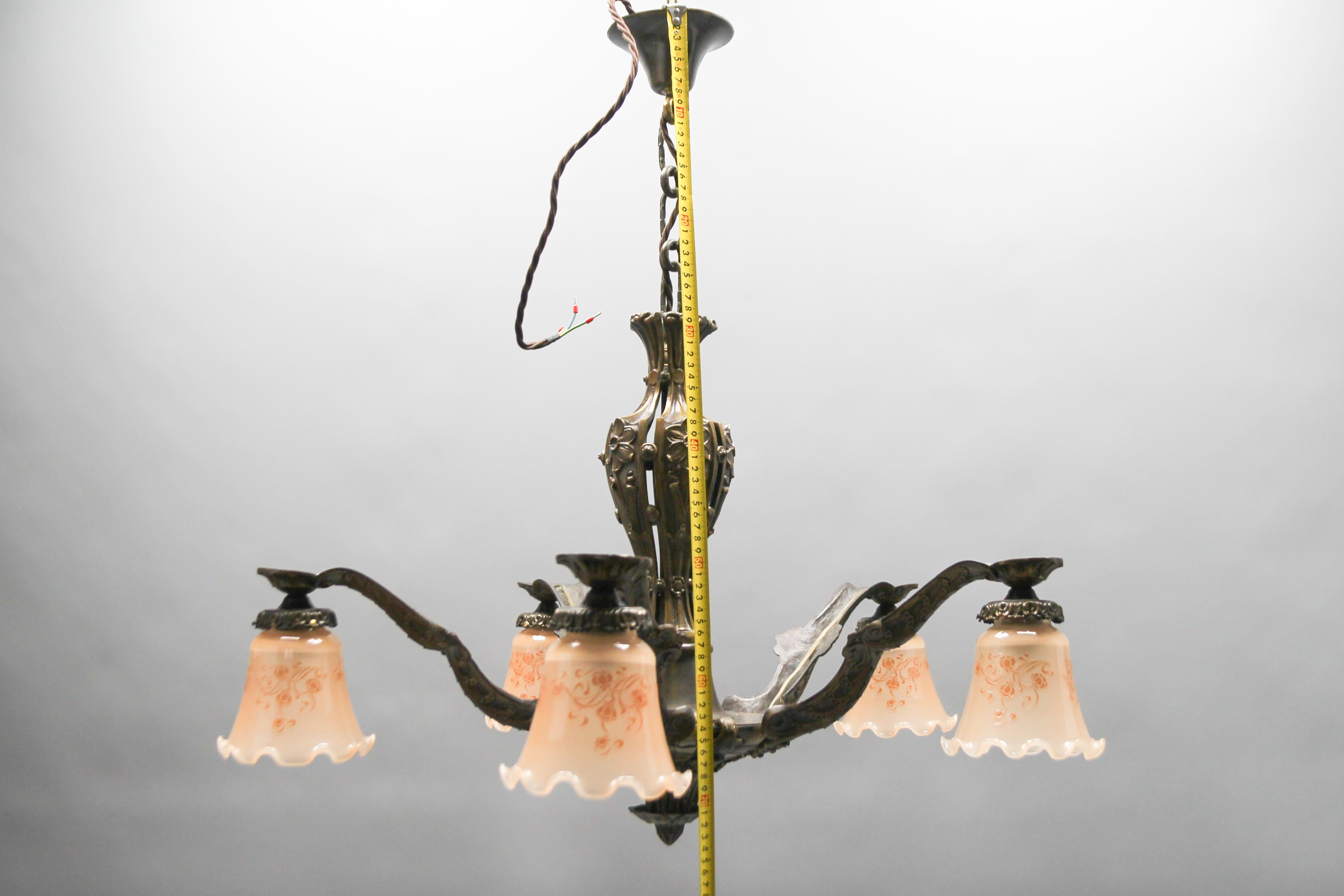 Art Deco Five-Light Bronze and Glass Floral Motif Chandelier, 1920s For Sale 14